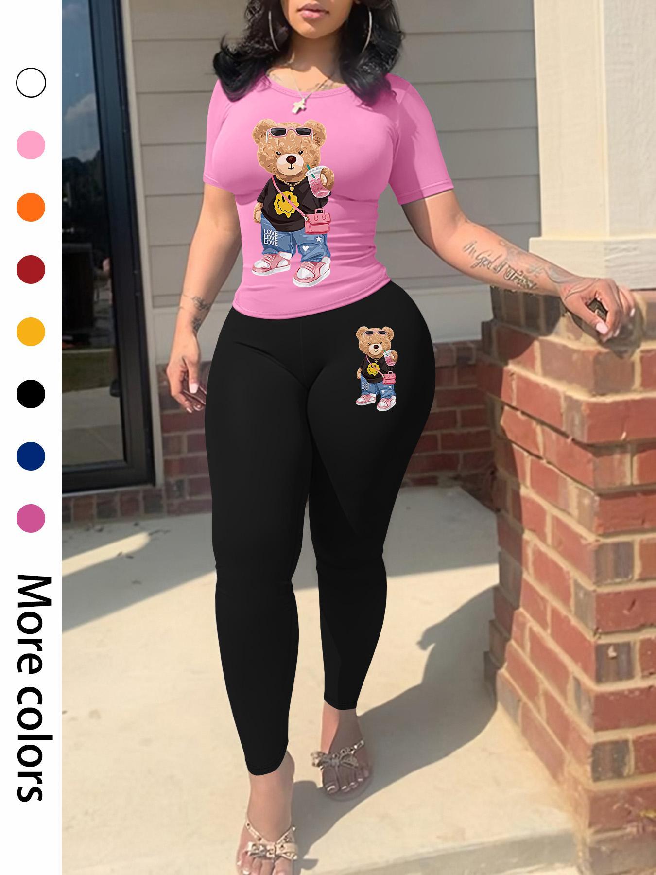 Two-piece Set Women's Cartoon Bear Print Short Sleeve Tee & Skinny Pants, Casual Round Neck T-shirt & Trousers for Spring & Fall, Ladies Clothes for Daily Wear