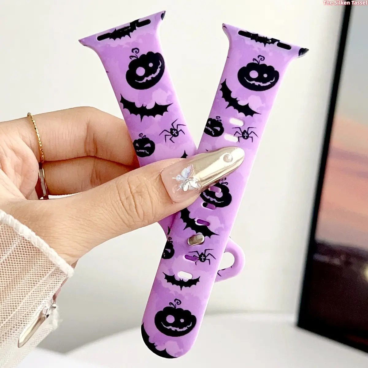 Pastel Lilac Halloween Silicone Watch Strap For Apple Watch All Sizes Light Purple Tie Dye Background Black Pumpkin Bat Spider Print Waterproof Wristband Teen Girls Fall Spooky Outfit Bracelet tiktokshopbacktoschool