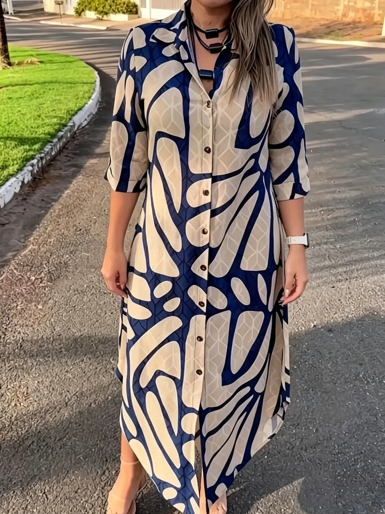 A women's fashionable blue beige geometric printed mid sleeved shirt dress Casual Wear with a loose straight fit that doesn't affect the figure, suitable for commuting to work, shopping and outdoor activities, indoor and outdoor dressing