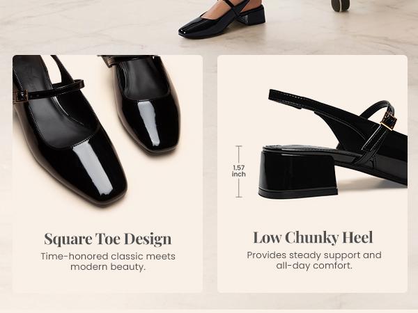 Women's Closed Square Toe Mary Jane Heels Low Chunky Heel Slingback Dress Pumps Shoes for Work Wedding Party