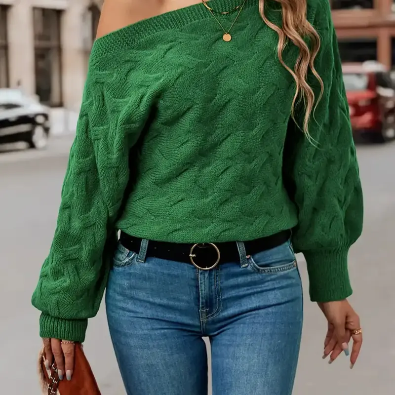 Women's Off Shoulder Boat Neck Batwing Sleeve Sweater, Autumn/Winter Casual Elegant Cable Knit Solid Color Loose Fit Long Sleeve Jumper Sweater Top, Fashion Chic Soft Cute Stylish Knitted Top, Women Fall Outfit, Winter Sweater for Women, Cute Knit Top