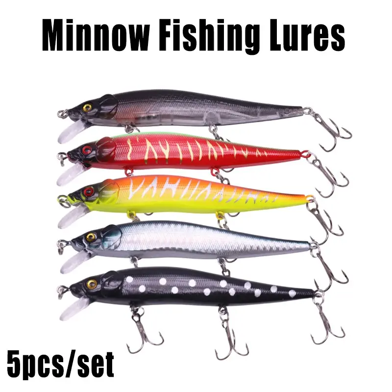 5-Pack Minnow Lure Set, Hard Plastic Realistic Bait with 3 Treble Hooks, Specialized for Sea Bass, Perch, Trout Fishing Lures