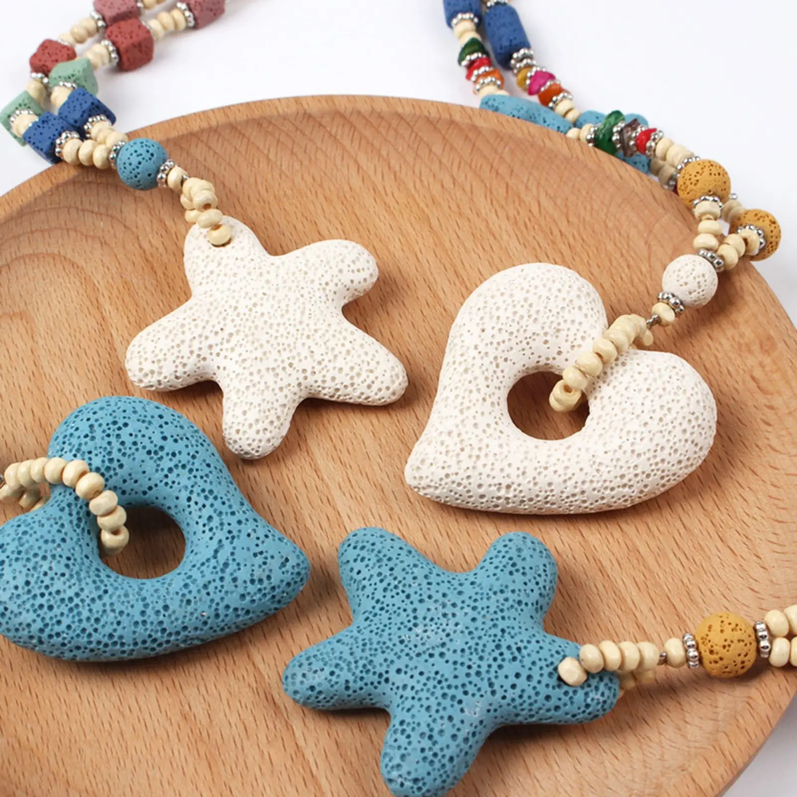 Women's Boho Adjustable Hollow Heart Volcanic Lava Stone Pendant Necklace - Long Length, Star Shapes, Multi-Color Mixed Clay Wooden Beads, Porous Marine Charm, Summer Beach Wear Camping Accessory Gift for Ladies, Ladies Wear, Beach Camping