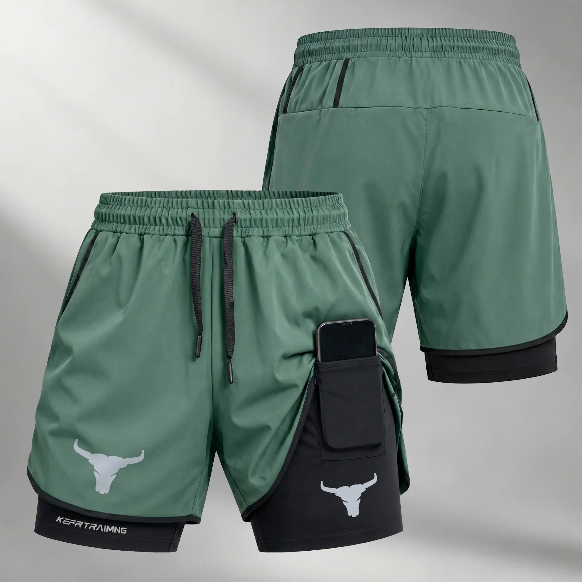 Men’s Street Sport Bull Head Graphic Print Shorts, 2-in-1 Gym Running Shorts with Built-in Compression Liner, Secure Inner Phone Pocket, Drawstring Waist, Lightweight Shorts for Casual Daily Wear