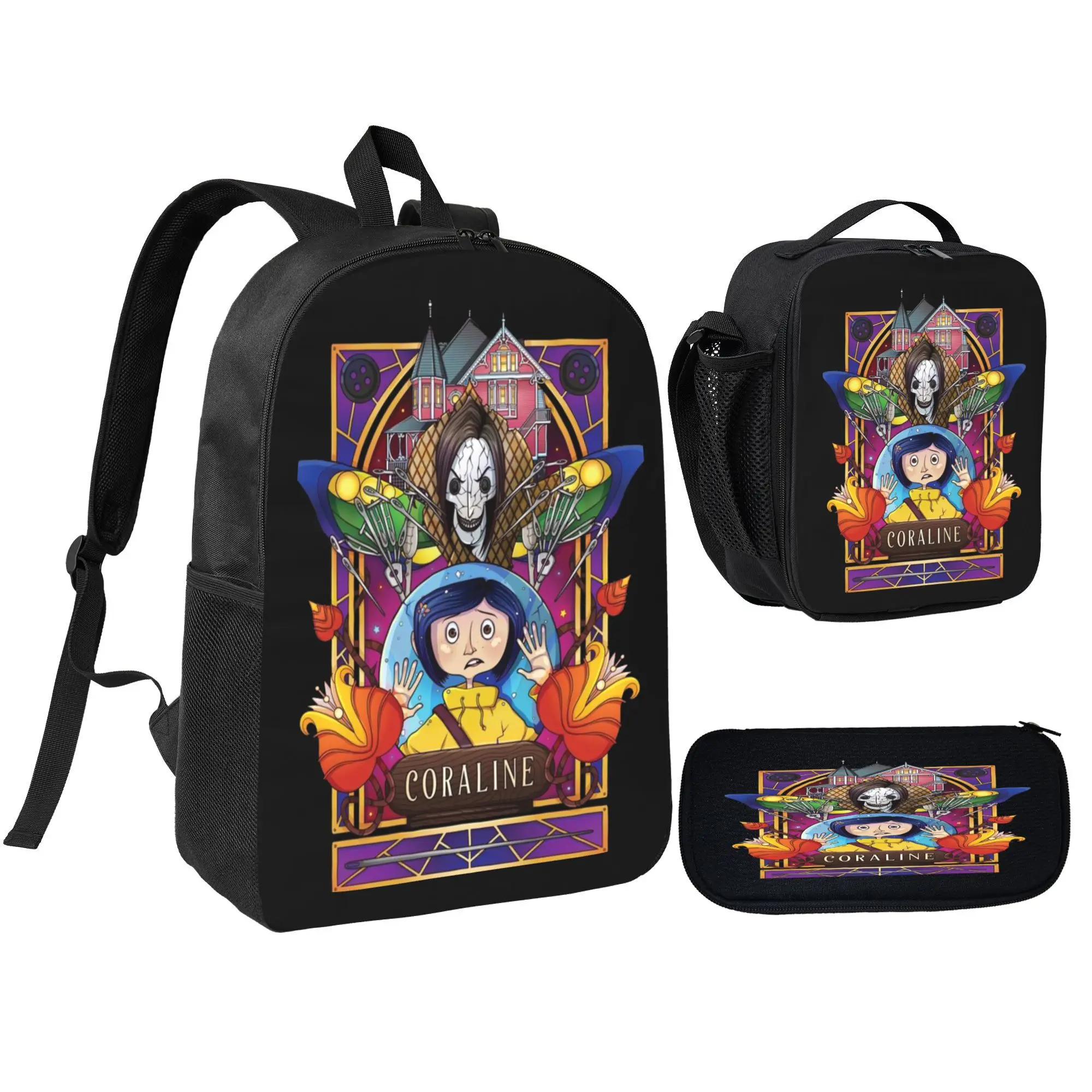 Coraline Backpack Set 3Pcs Kids School Bag Lunch Bag Pencil Case Pop Music Theme Bookbag Lightweight Travel Backpack Back To School Gift For Boys Girls Students