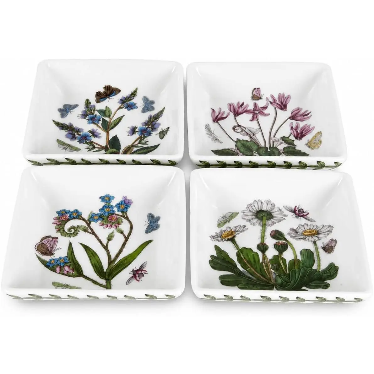Botanic Garden 3" Mini Square Dish (Set of 4),  Florals Motif - Durable Porcelain with Chip-Resistant , Dishwasher, Microwave, Oven Safe - Stylish Bakeware & Serveware