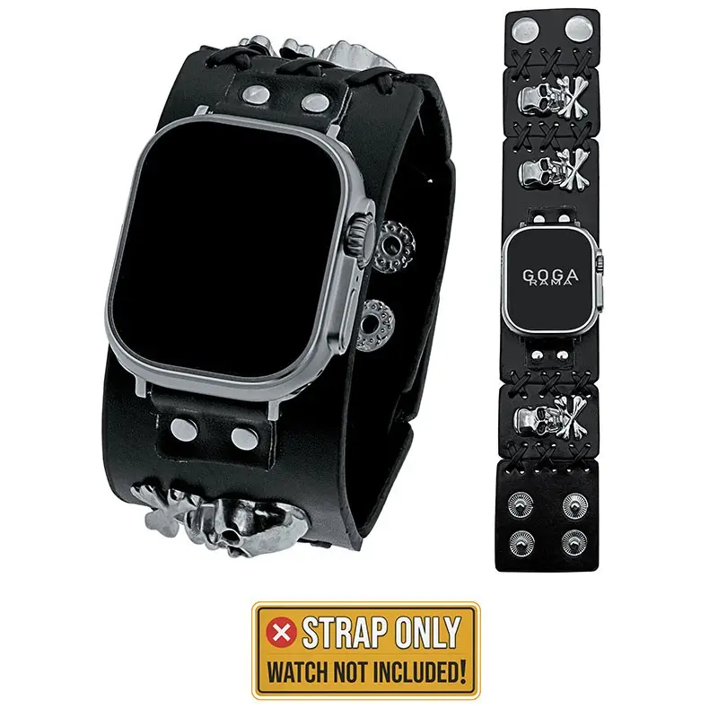 Black leather skull metal buckle strap for Apple Watch strap 38mm 40mm 41mm 42mm 44mm 45mm 49mm IWatch series Se 9 8 7 6 5 3 men's watch strap Smartwatch Replacement Straps