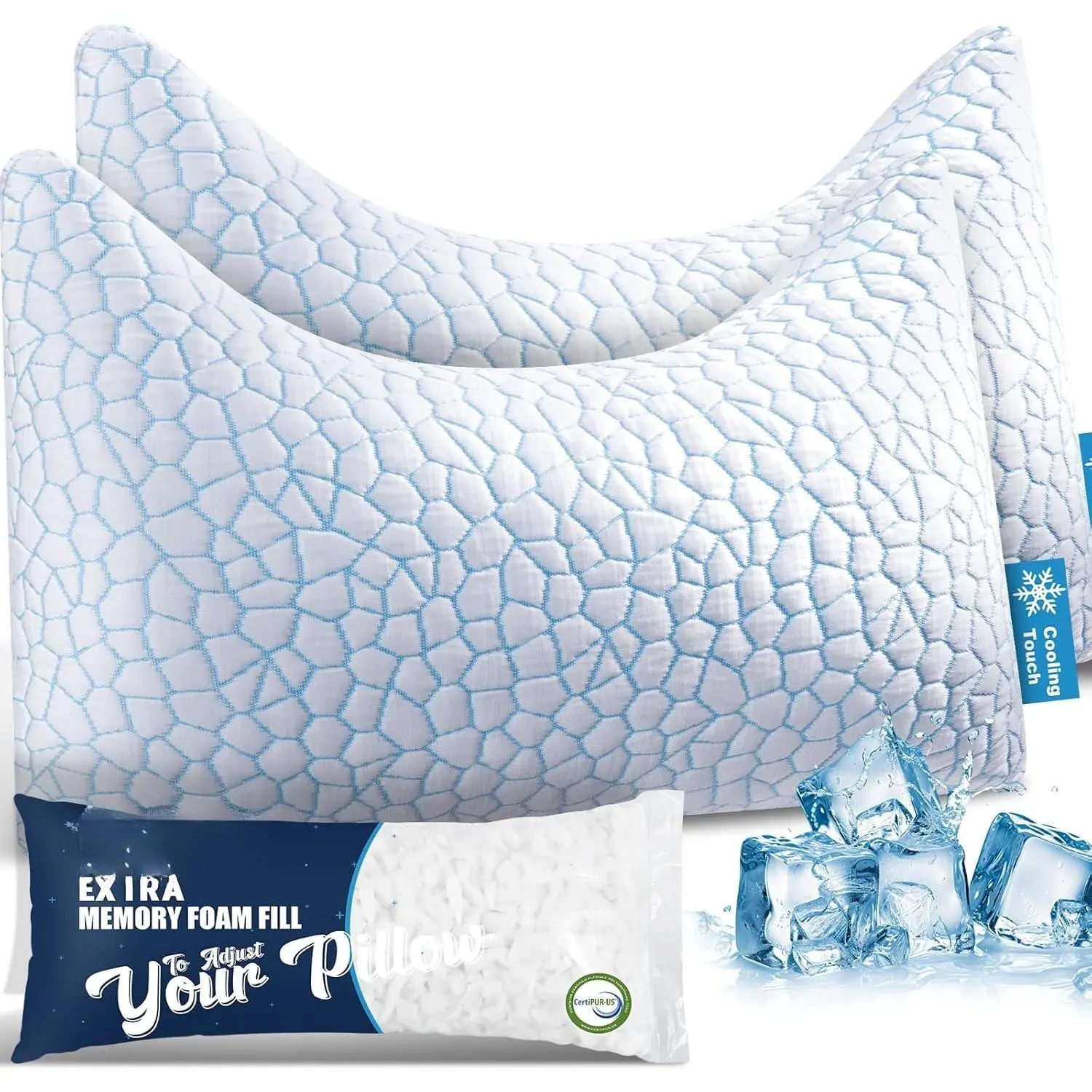 Side Sleeper Pillow for Adults, Adjustable Crescent Pillow with Shredded Memory , Double-Sided Cooling Cover, Curved Bed Pillow for  and  Support, Extra 200g Fill,  2 Pack