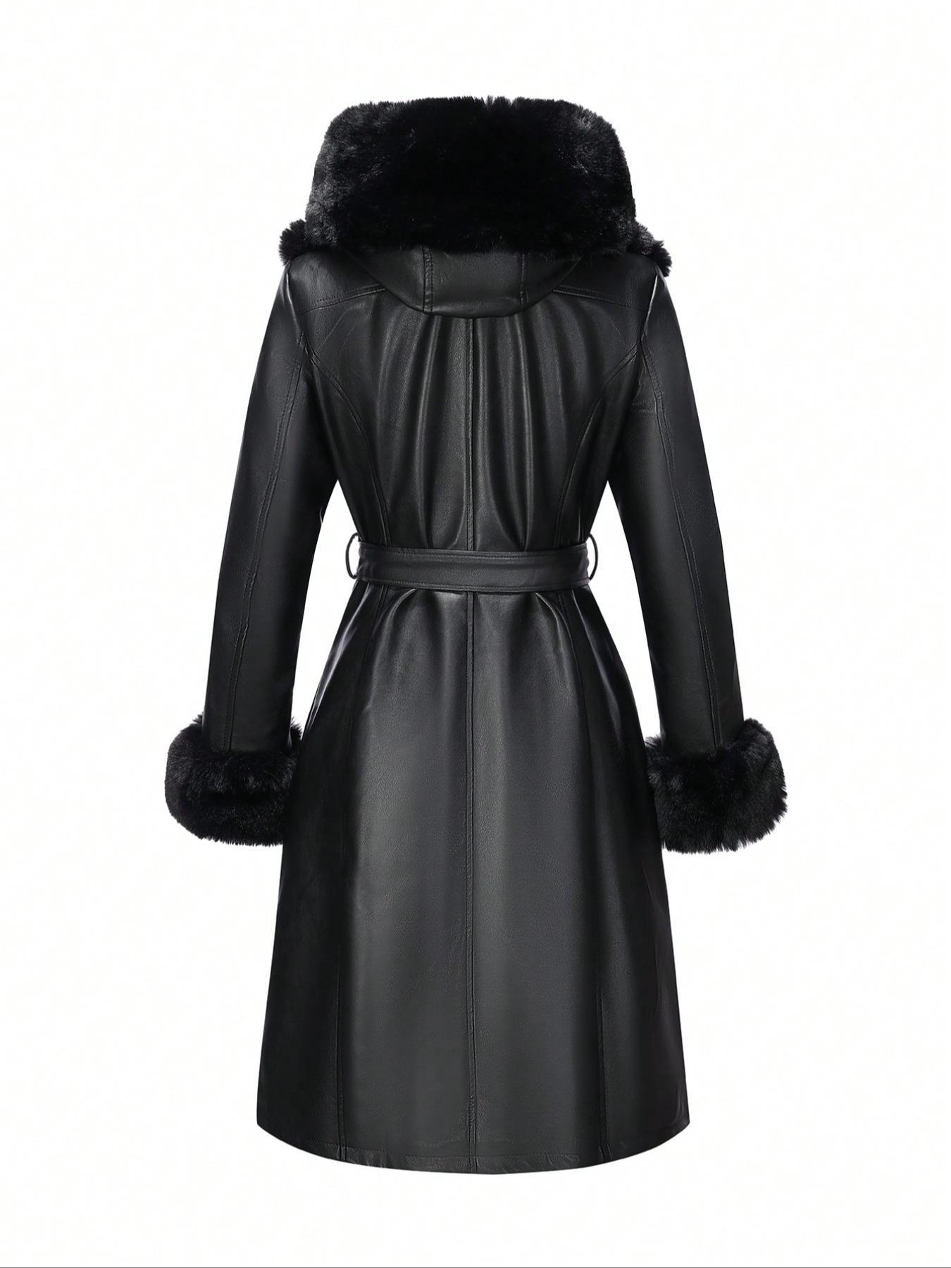 Women's Fall Winter PU Leather Jacket Coat, Contrast Faux Fur Hood Long Sleeve Fitted Casual Everyday Outerwear, Adjustable Waist Belt Design