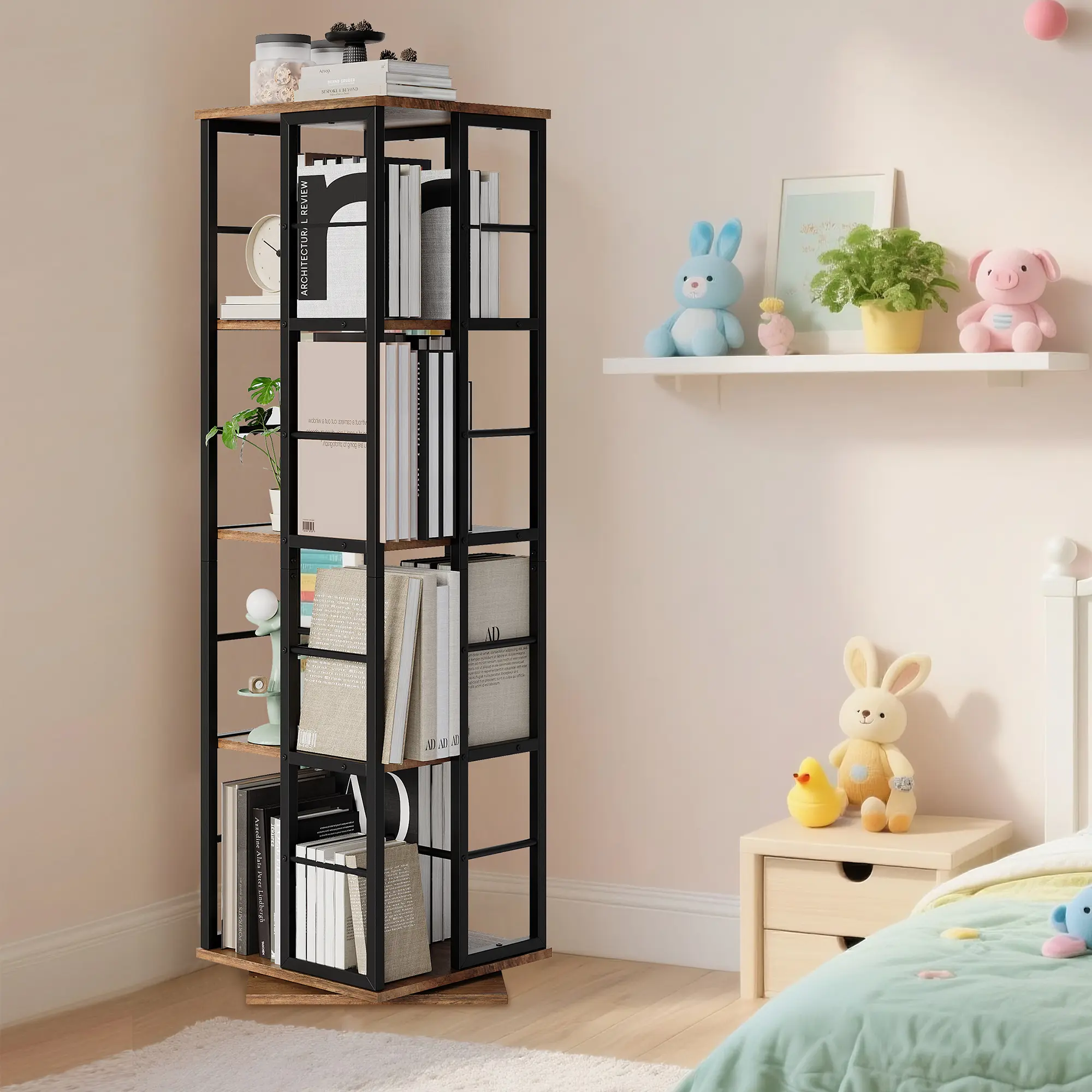 Space-Saving 4-Tier Rotating Metal Bookcase – Tall Slim Bookshelf with 360° Swivel, Wide Shelves, Large Capacity, Freestanding Corner Rack for Office, Home, Living Room, Bedroom