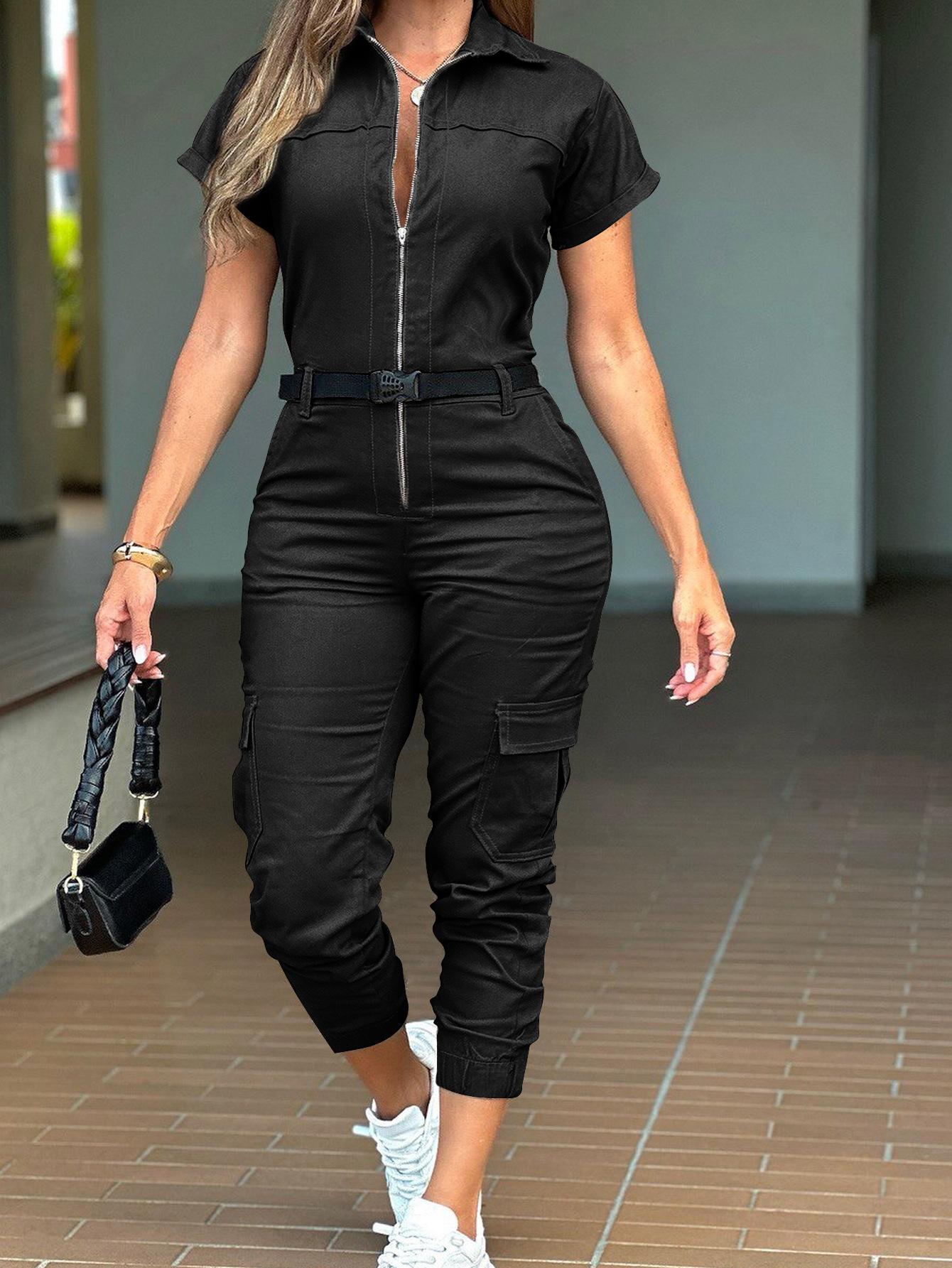 New Women's Fashion Zipper Jumpsuit Short Sleeve Lapel Multi-Pocket Belt Jumpsuit