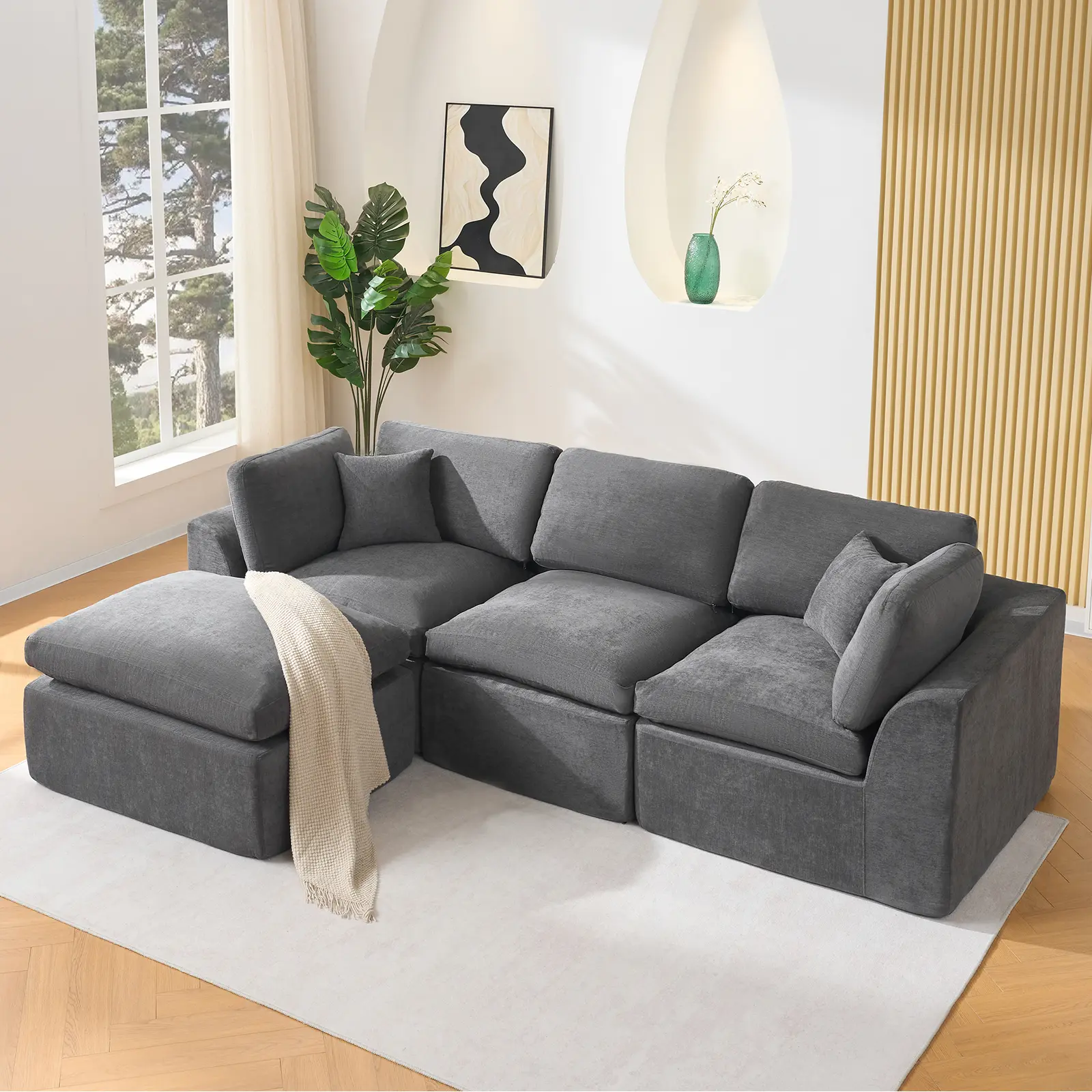 4-Seater Modular Sectional Sofa 110'' – Deep Seat, Boneless Sponge Compression Foam, Cloud Couch Comfort, No Assembly Required, Living Room or Bedroom, White