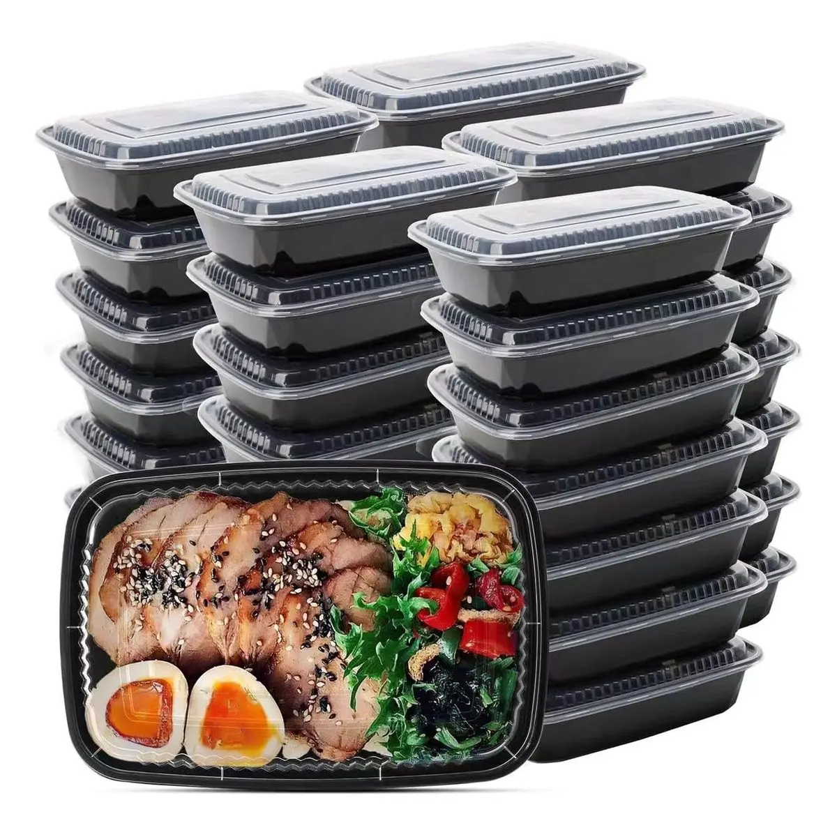 1-Compartment 32 Oz 50-Pack Bento Boxes, Disposable Reusable BPA-Free Plastic Meal Prep Containers with Leak-Proof Lids, Lightweight Stackable, Microwave-Dishwasher-Freezer Safe for Packed Lunches, Takeout