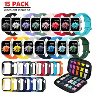 15 pack Sport Bands with 15 Screen Protector Cases, Silicone Sport Bands, Compatible with S11/s10/s9/s8/s7/s6/s5/s4/se, Unisex, Portable Storage, Smart Watch Accessories, Smartwatch Compatible Bands(Watch not included)