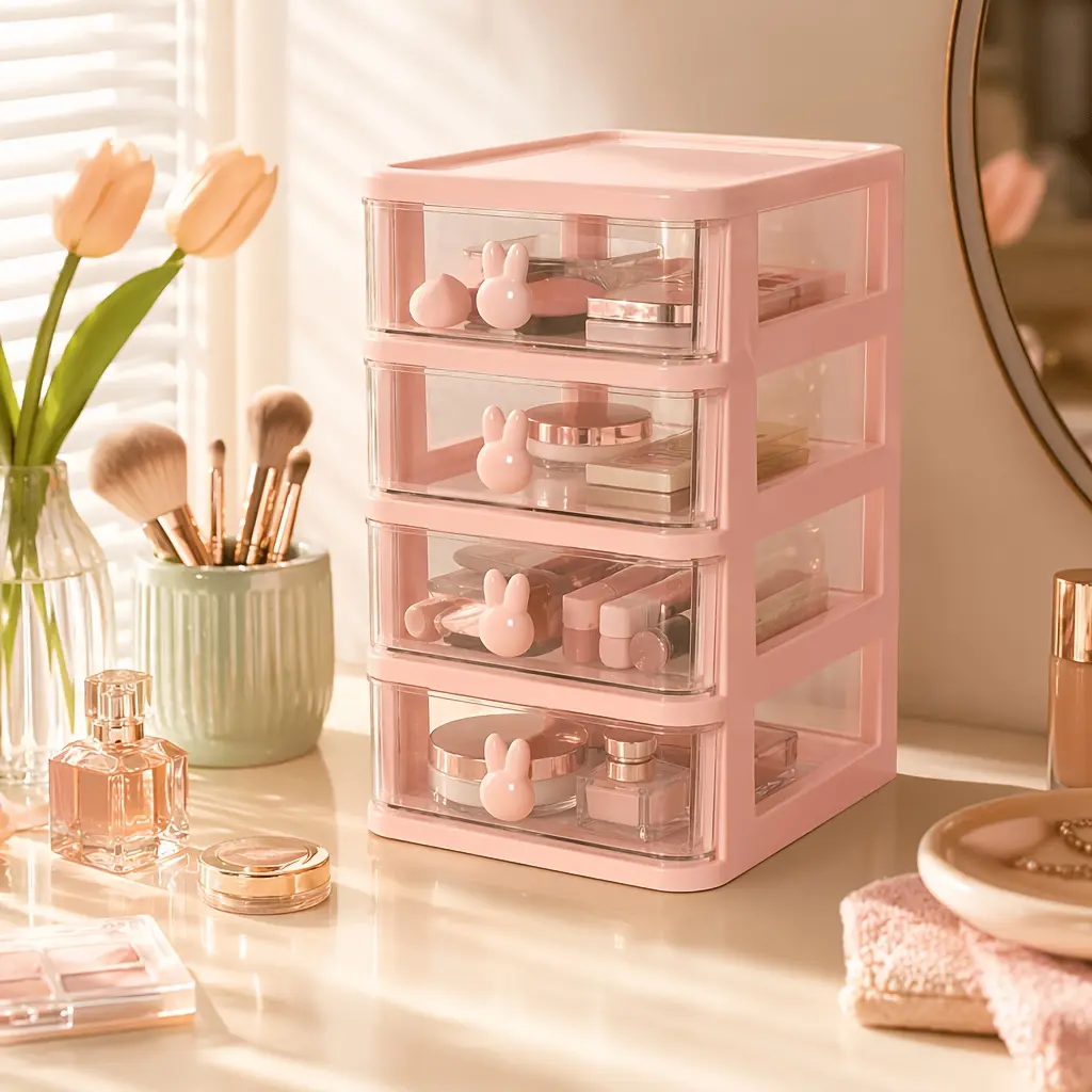 4/5 Layer Desktop Drawer Organizer, Cute Bunny Handle, Transparent Plastic Storage Cabinet, Ideal for Office Supplies, Lipstick, Desk Accessories