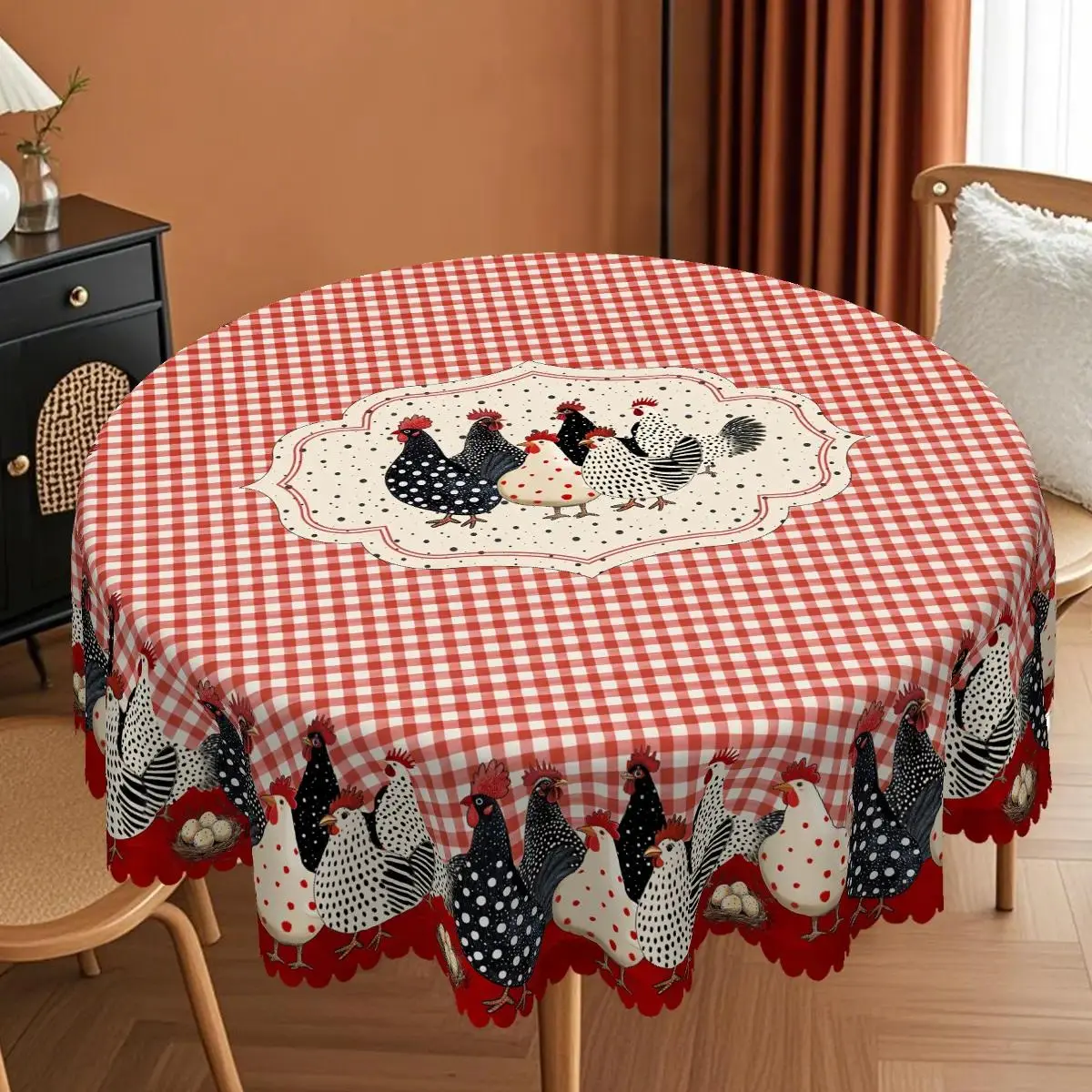Red Checkered Chicken Pattern Tablecloth – Rustic Buffalo Plaid & Rooster Farmhouse Table Cover, Autumn Winter Fall Decor & Thanksgiving Party Linens, Cozy Countryside Kitchen Accessories Gift