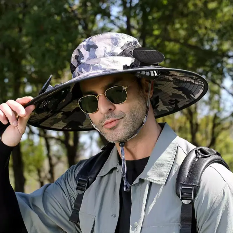 Solar fan hat USB rechargeable dual fan men fishing bucket hat outdoor visor summer mountaineering travel bucket hat