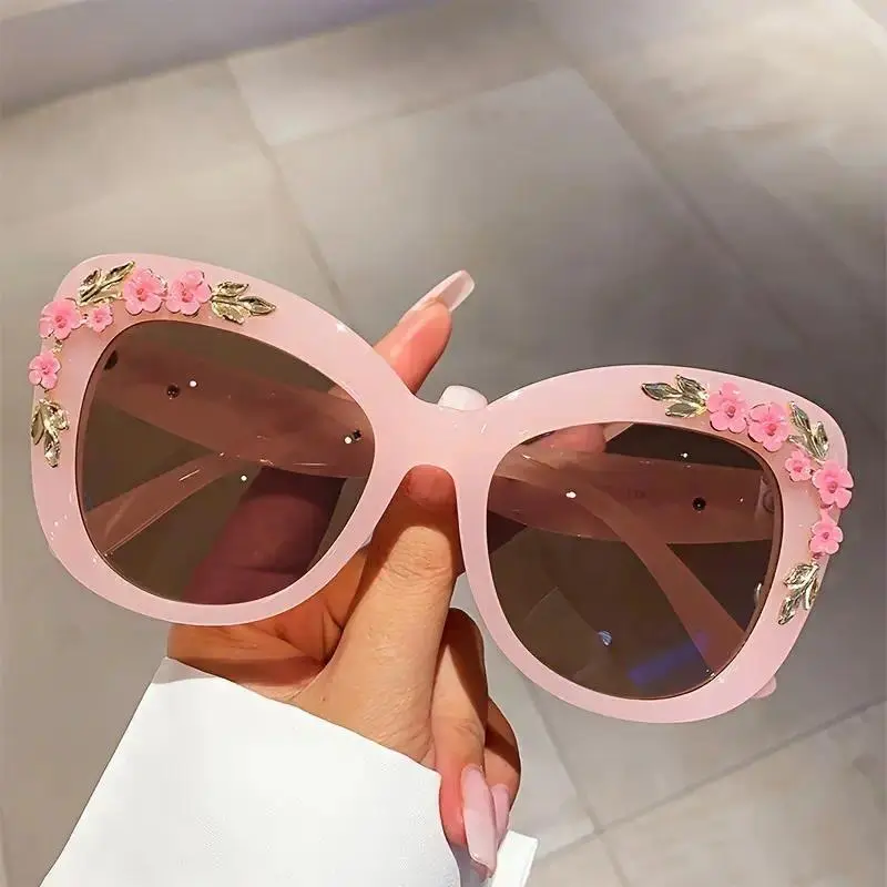 Women’s Vintage Cat Eye Floral Sunglasses, Oversized Semi-Rimless Frame with Blush Pink Floral Print & Gold Leaf Accents, Blue Light Blocking Lenses, Elegant Eyewear for Daily Outfits & Formal Occasions