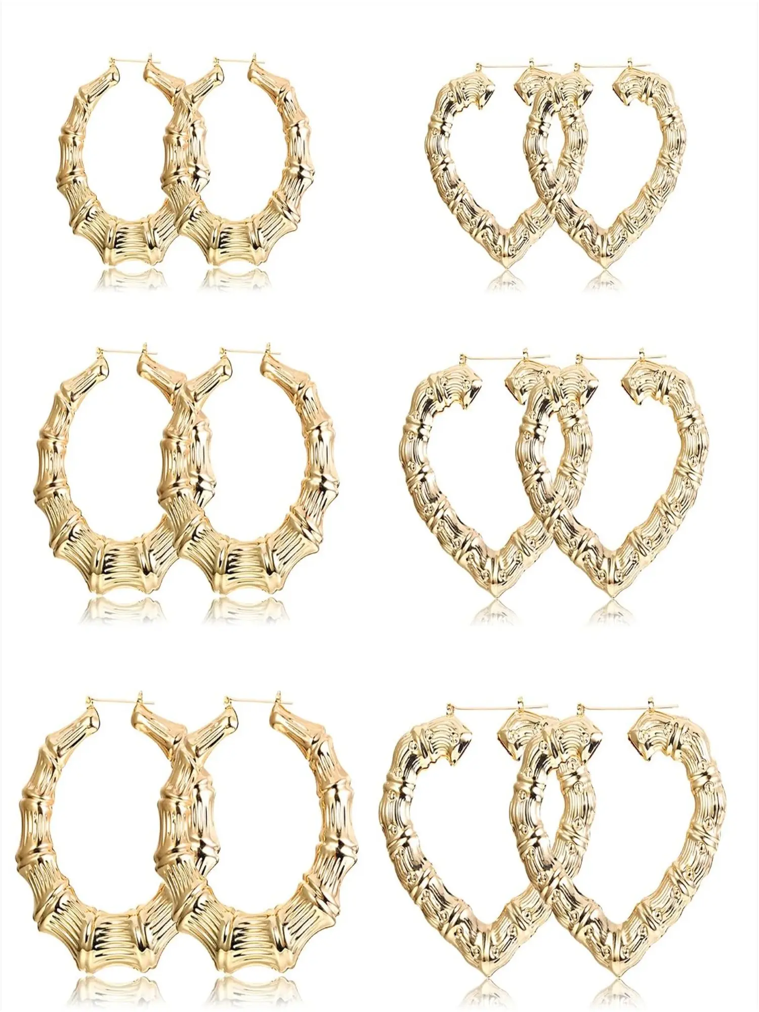 6 Pairs Bamboo Earrings Set for Women, Hollow Casting Oversize Gold Hoop, Hip-Hop Rapper Jewelry