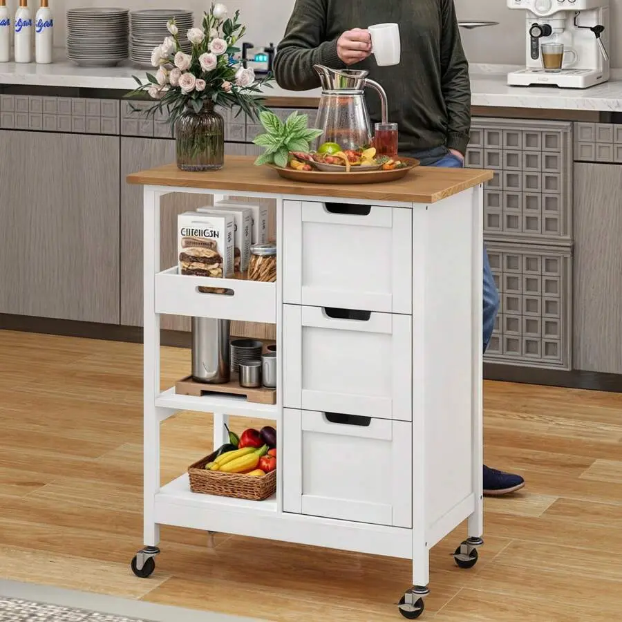 3-Tier Island With Storage Drawers Shelves Serving Cart On Wheels Dining Living Room