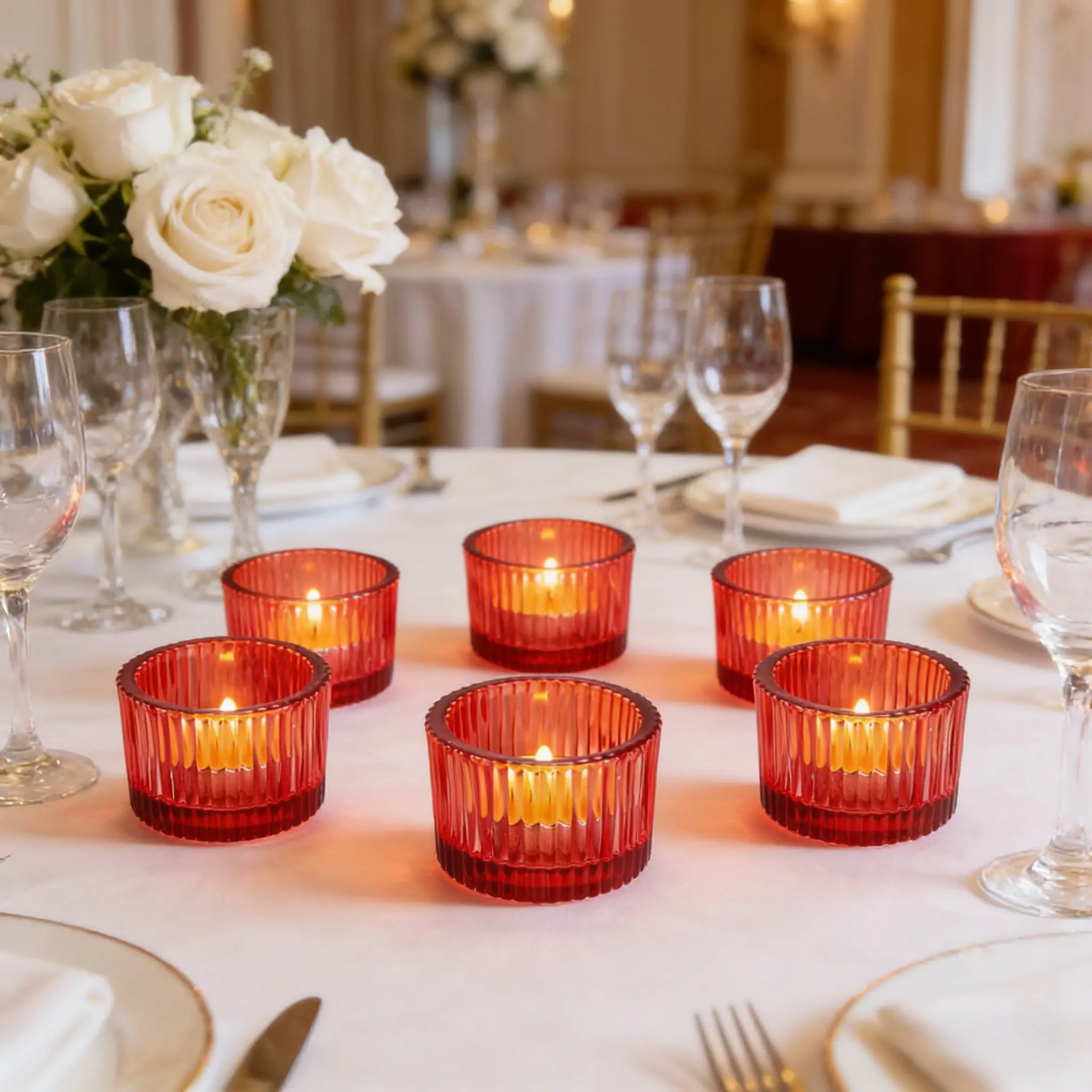 6 pieces of red vertical patterned glass candle holders, suitable for central decoration of dining tables, wedding home decoration, tea candle holders, shower decoration, holiday parties and best gifts, sponge protection