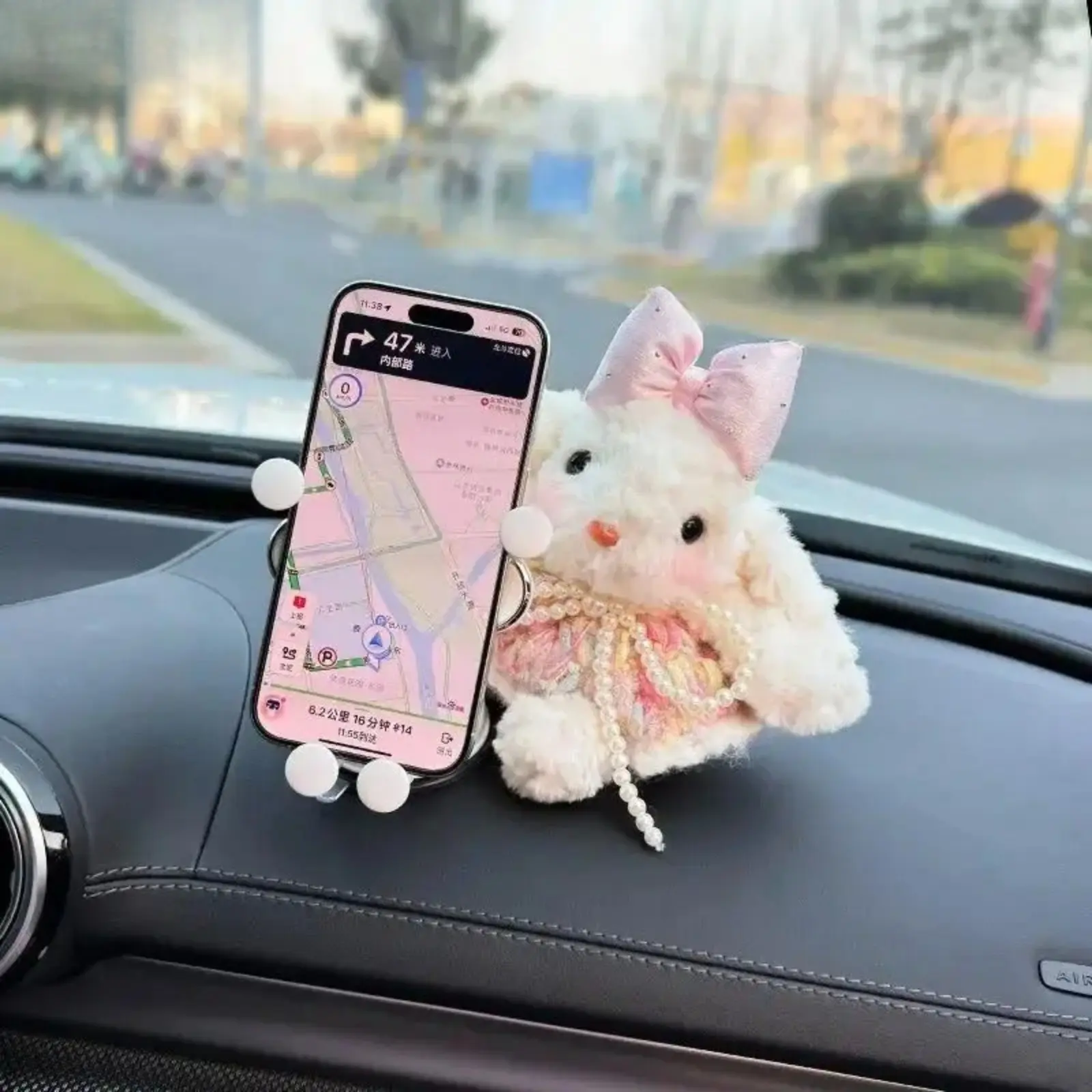 Cute Plush Rabbit Car Phone Holder, universal dash mount bracket. Adorable bunny shaped stand with girly style, stylish car decor and sweet gift for Valentine's Day and Halloween.