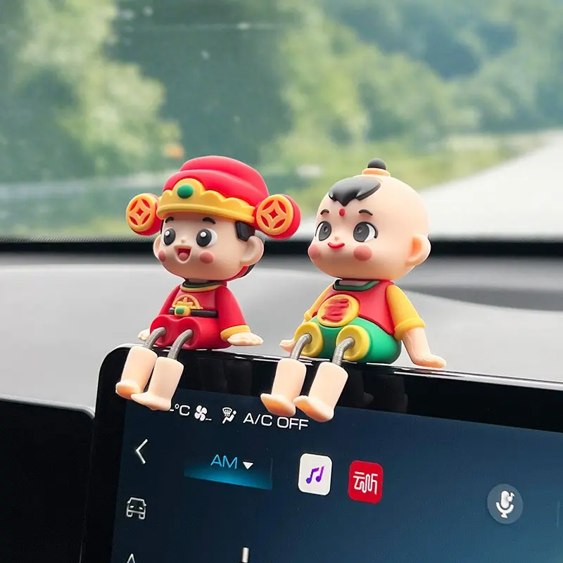 Healing Stress Relief Leg Shaking God of Wealth Car Interior Decoration, Fun Cartoon Fortune Boy Ornament, Automotive Feng Shui Decor