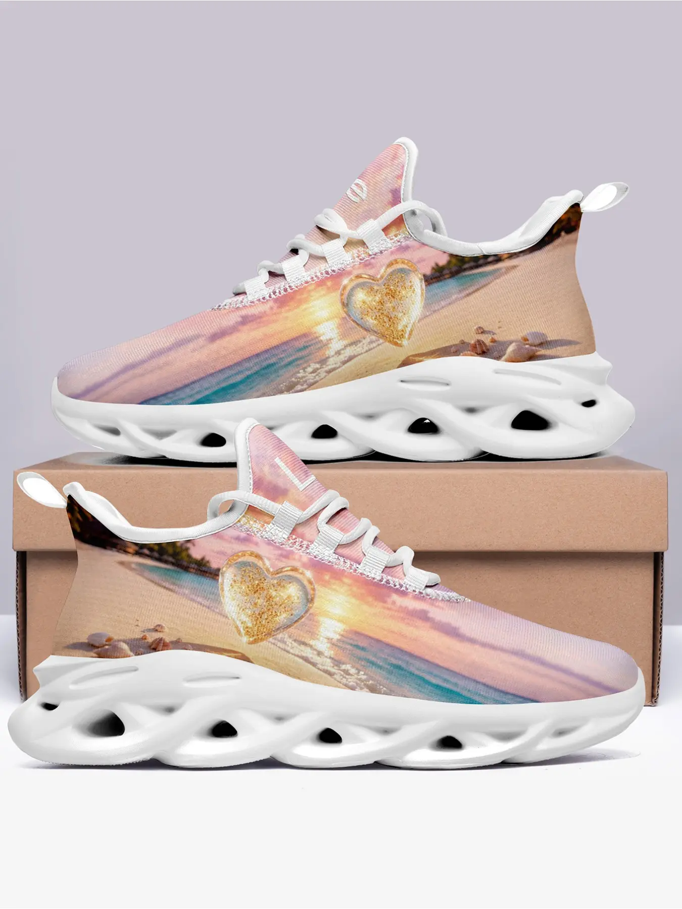 Women's Sunset Island Villa Collection Fashion Sneakers, Ocean Gradient Blue Hidden Heart Pattern Yellow LOVE Accent Comfort Athletic Running Shoes