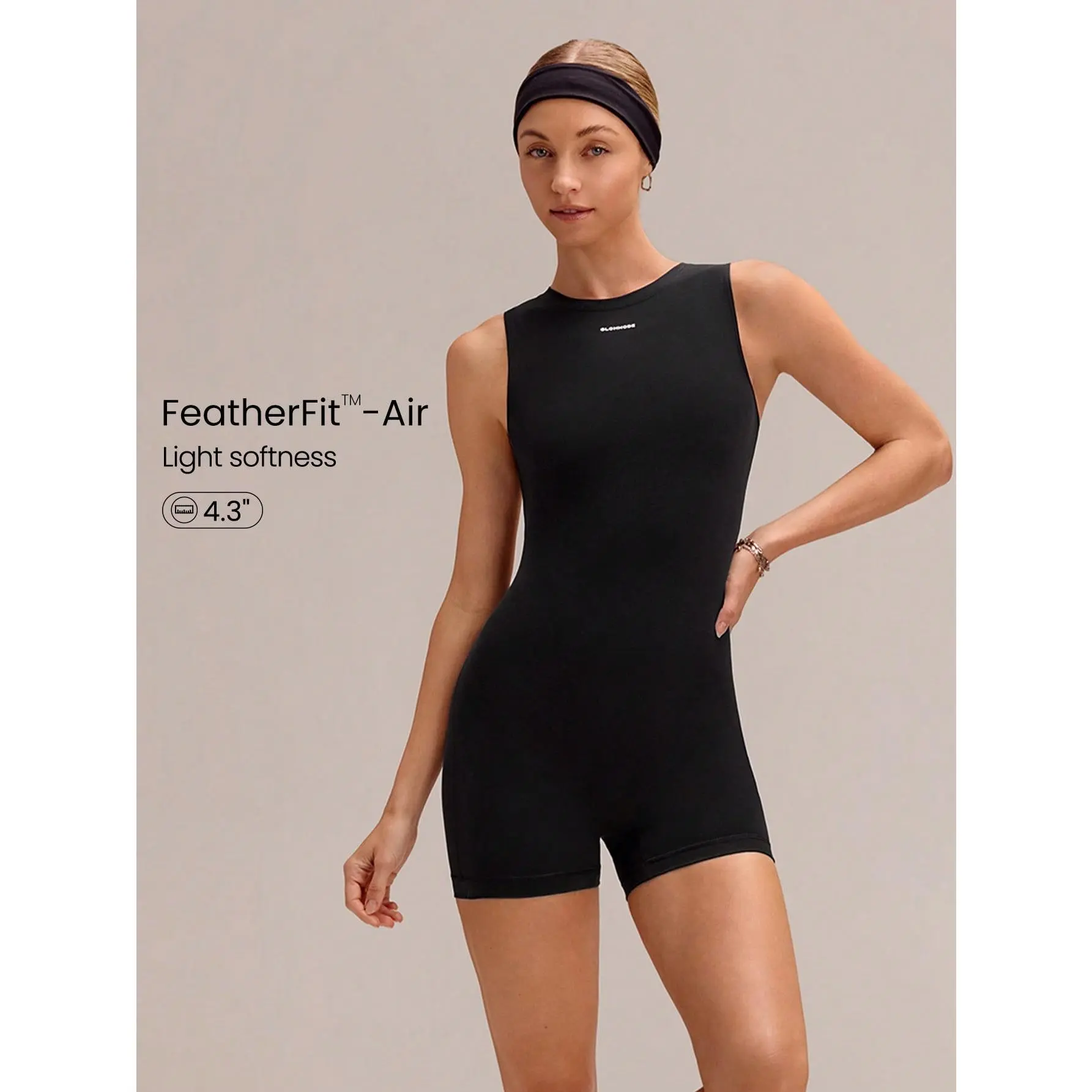 GLOWMODE 4.3" FeatherFit-Air Lightweight Sweat-Wicking Stretchy Non-Padded Bodysuit With Concealed Back Zipper Anti-Slip Hem Grips Yoga Pilates