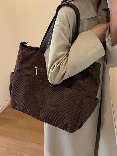 Corduroy Trendy Tote Bag, Women's Solid Color Large Capacity Shoulder Bag for Daily Used, Casual Matching School Bag for Outdoor, Slouchy Tote