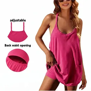 Women's sporty sleeveless mini dress, with built-in shorts, V-neck, adjustable shoulder straps, short tennis skirt, with pockets, for a casual mom lifestyle, postpartum styling, summer outfit