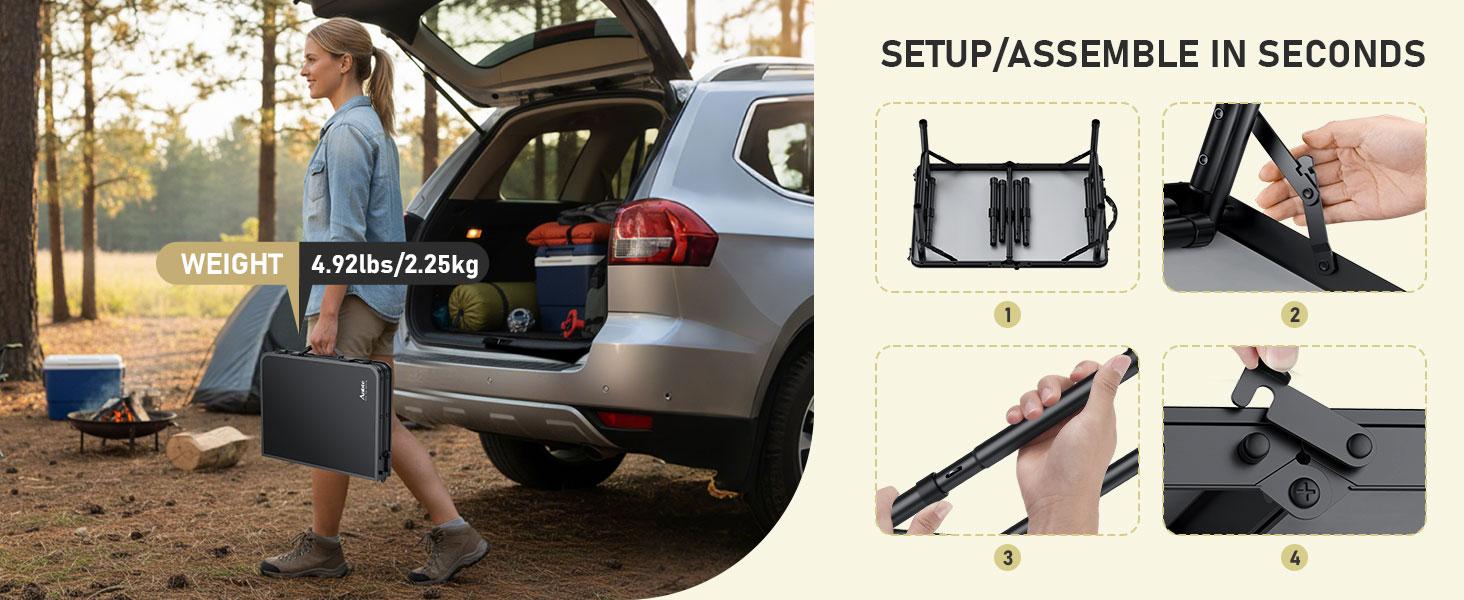 Anbte 2ft Folding Camping Table with Storage Net, 3 Adjustable Heights Small Folding Table Lightweight & Portable with Carry Handle, for Camping, Fishing, Picnic, Beach, Outdoor, 22.8" x 15.7", Black