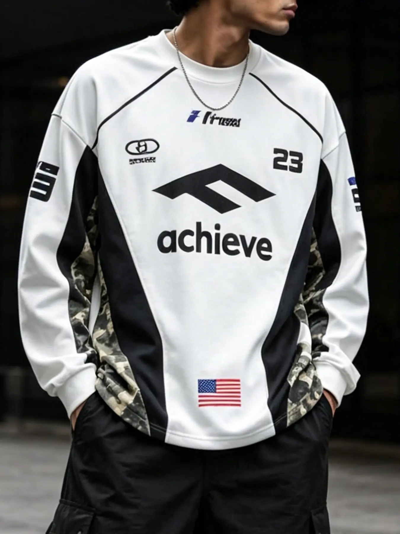 Camo Patchwork Long Sleeve T-Shirt, Number 23 Usa Flag Print, Loose Fit Sporty Streetwear, Ideal for Motorcycle Enthusiasts, Casual Sport Top