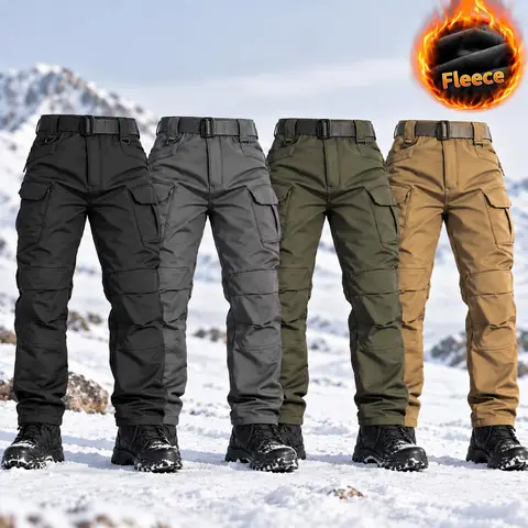 HOMUG Men's Thick Fleece Tactical Combat Pants, Men's Solid Color Pants with Multiple Pockets for Hiking, with Pocket Zippers and No Waistband, Suitable for Wearing in Autumn and Winter Seasons.