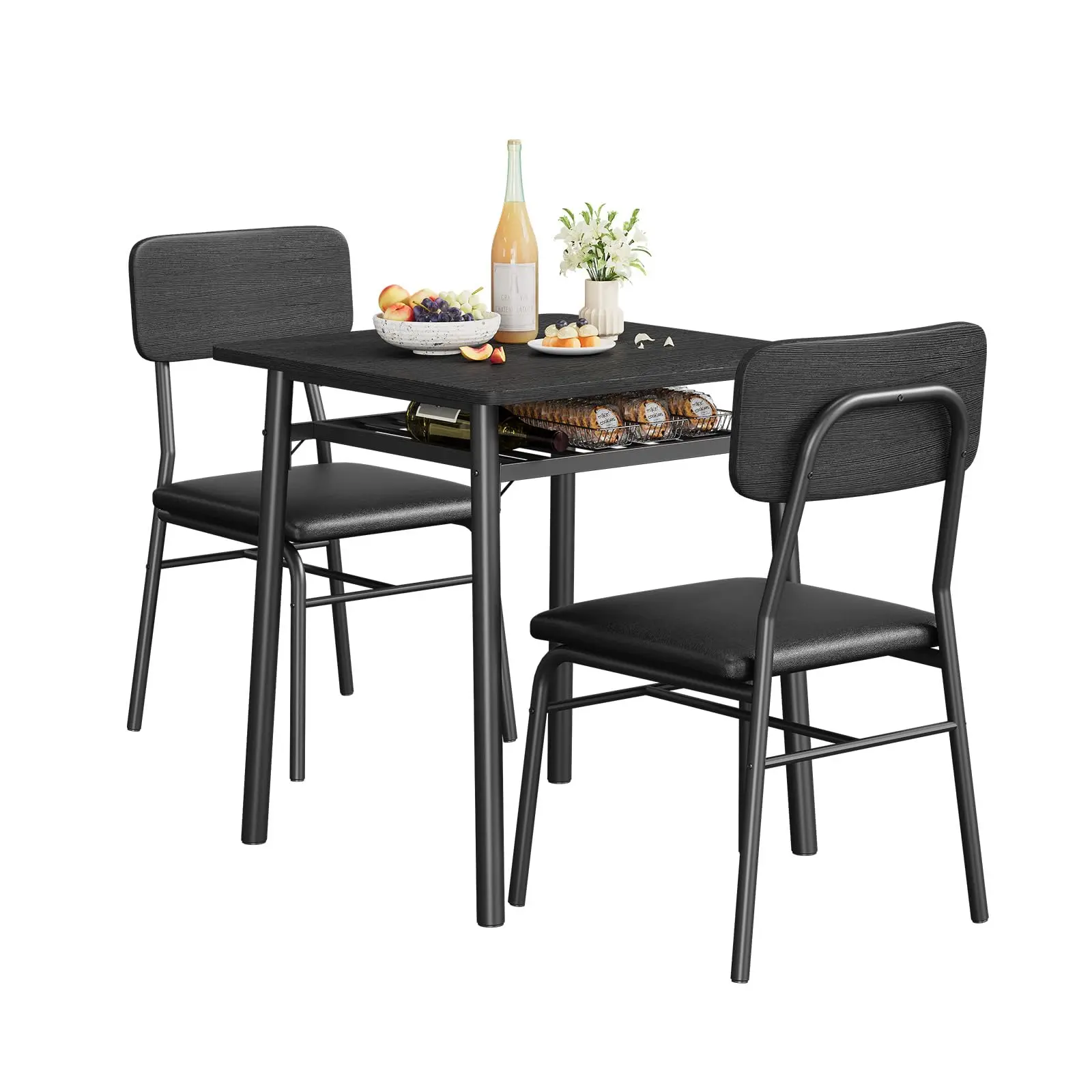 Garvee dining table set for 2 people with storage, square kitchen table and 2 upholstered chairs, metal frame, compact, space-saving, apartment, dining corner, 110.7 x 70.1 x 74.9 cm