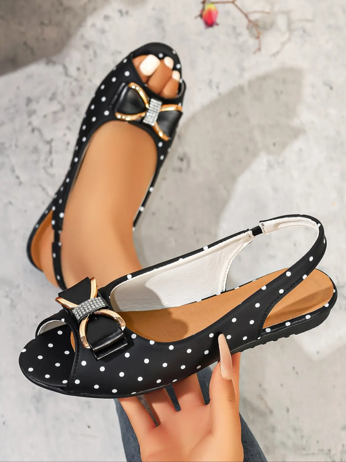 Women's Polka Dot Print Rhinestone Bow Slingback Flat Sandals, Peep Toe Slip On Soft Flat Mules, Comfort Cushioned Insole Footwear, Anti-Slip Lightweight Outsole, Daily Dating Wedding Versatile Elegant Summer Sandals