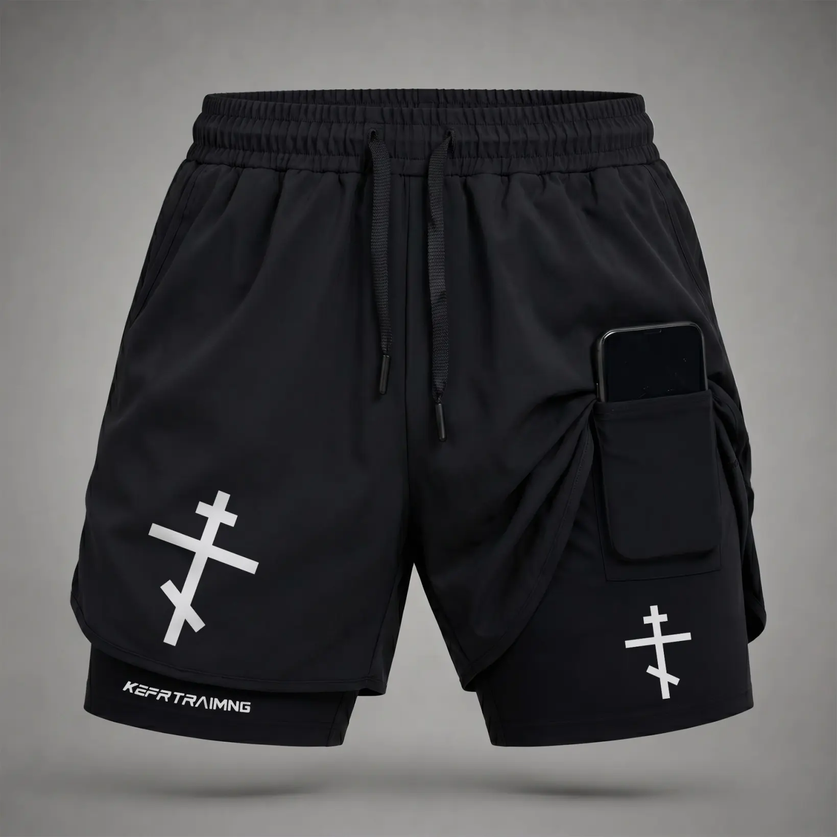 Men’s Christian Orthodox Cross Symbol 2-in-1 Running Shorts, Curved Split-Hem Outer Layer, Built-in Compression Shorts, Inner Phone Storage Pocket, Quick-Dry Athletic Training Shorts