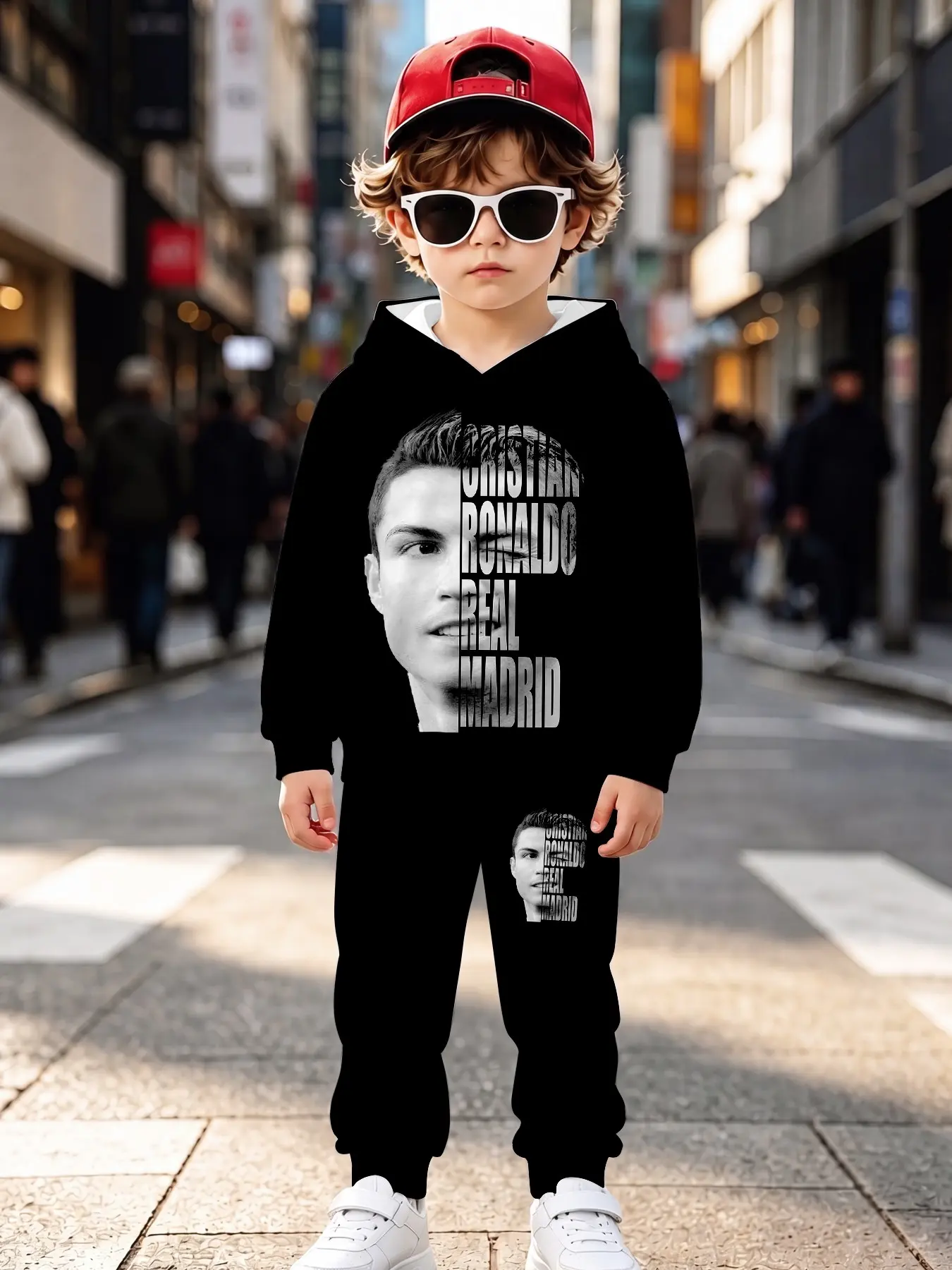 Cristiano Portrait Unisex Kids Sweatshirt and Pants Set, Long Sleeve Loose Fit, Fall Winter Casual Wear, All over Print