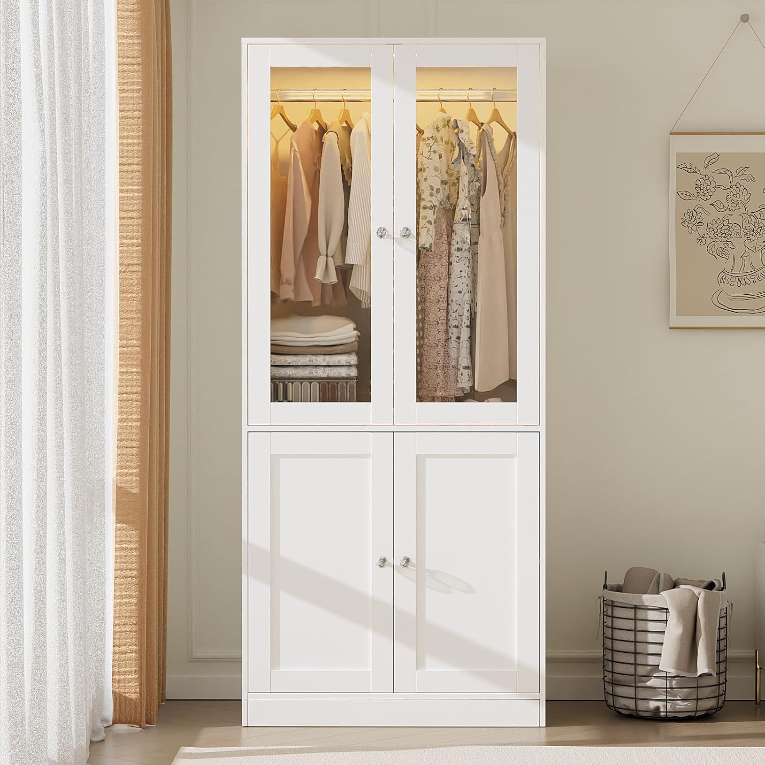 VOWNER 75" Tall Armoire Wardrobe Closet with Drawers & Lights, Clothing Storage Cabinet with 2 Glass Doors & Hanging Rod, Wooden Armoire Storage Cabinet for Bedroom (White, 2 Doors)