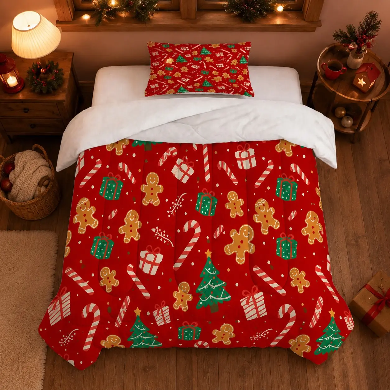 2/3-Piece Gingerbread Man Cartoon Christmas Print Quilt Set (1 Quilt and 1/2 Pillowcases), Pillow Inserts Not Included, Soft Skin-friendly, Warm and Cozy, Bedding for Teen and Adult Bedrooms, Guest Rooms and Christmas Gifts