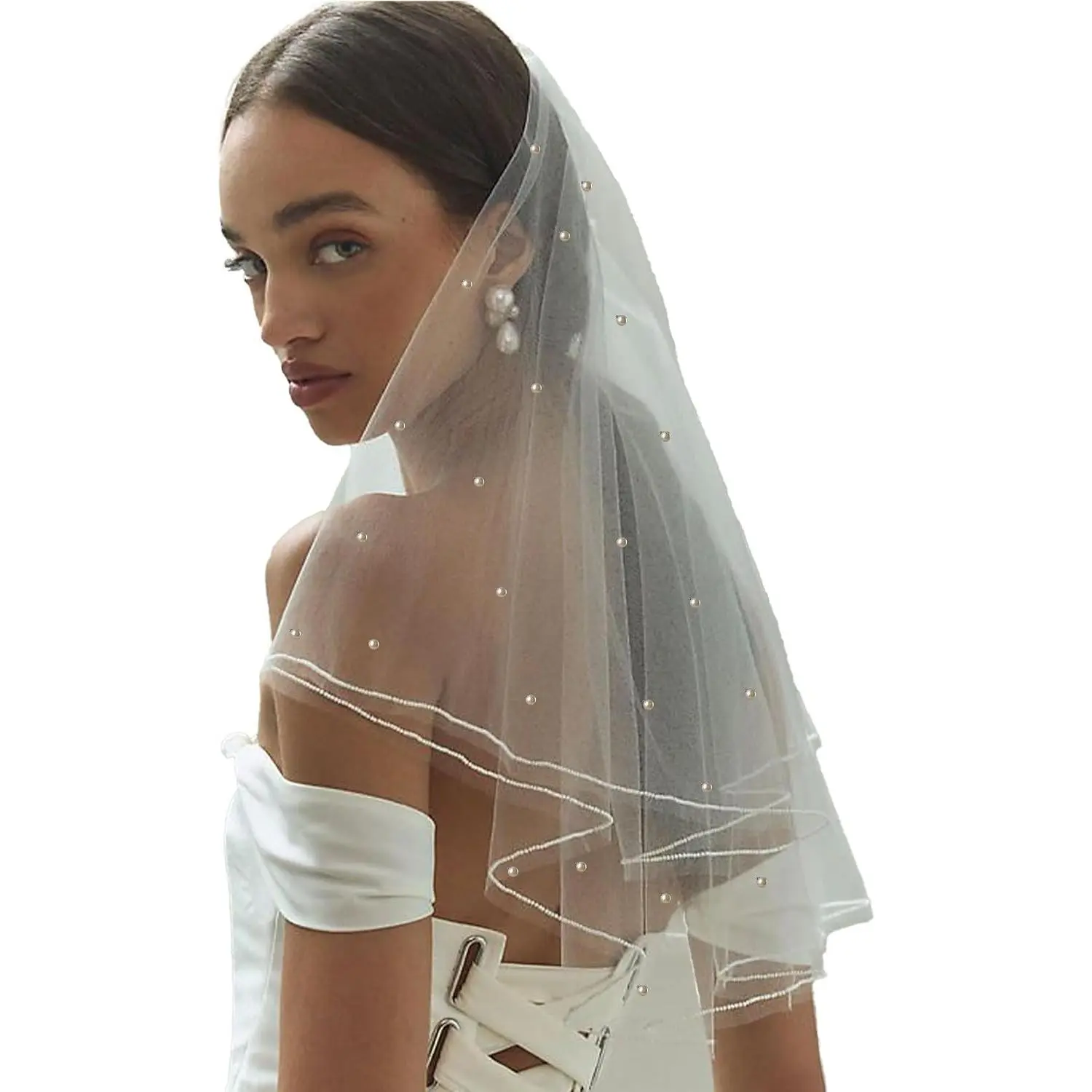 White Short Wedding Veil with Pearl Rhinestone for Brides Women Bachelorette Party Bridal Veil(Gift)