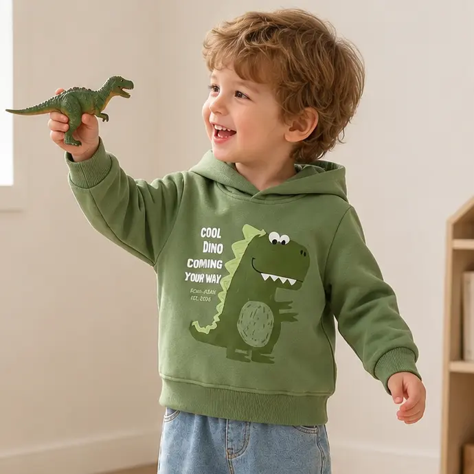 (Please Check Size Chart) Toddler Boys Hooded Neck Dino Graphic Long Sleeve Pullover Sweatshirt - Cartoon Print, Prehistoric Fun Long Sleeve Shirt for School, Outdoor Adventures, Long Sleeves, Daily Wear