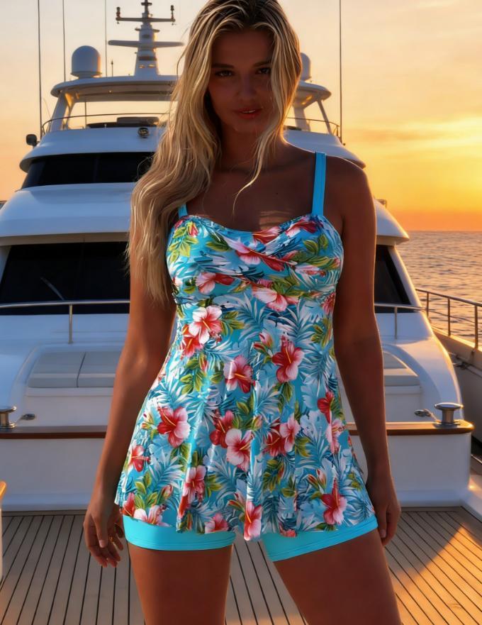 Summer printed tankini set conservative swimsuit sweetheart neckline ruched flowing top with solid color shorts beach vacation outfit tropical floral print two-piece party style