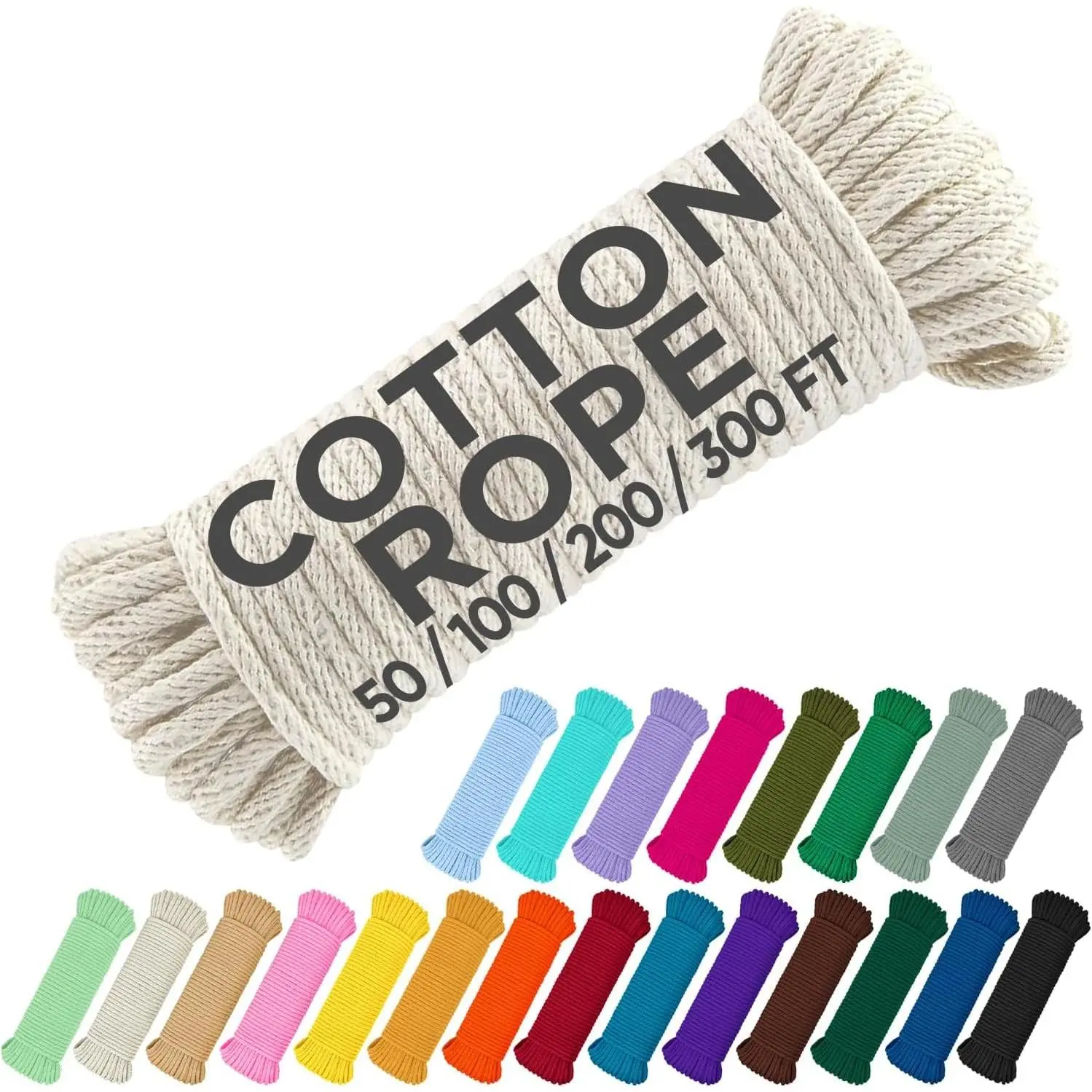 500lb Cotton Rope 3/16” (5 mm) – 50 FT | 100 FT– Strong All-Purpose Braided Rope – Natural Cotton – for Crafting, Сamping, Clothes Line, DIY, Indoor & Outdoor Use – Natural
