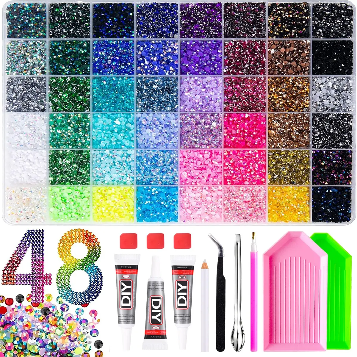 Shimmering Rainbow Rhinestone Set, DIY Craft Kit with Tools, Perfect for Clothing, Shoes, Fabric, Nail Art,48 Colors Rhinestone DIY Craft Full Kit Bling Flat Rhinestones Nail Art Supplies Set Christmas Birthday Gift for Women