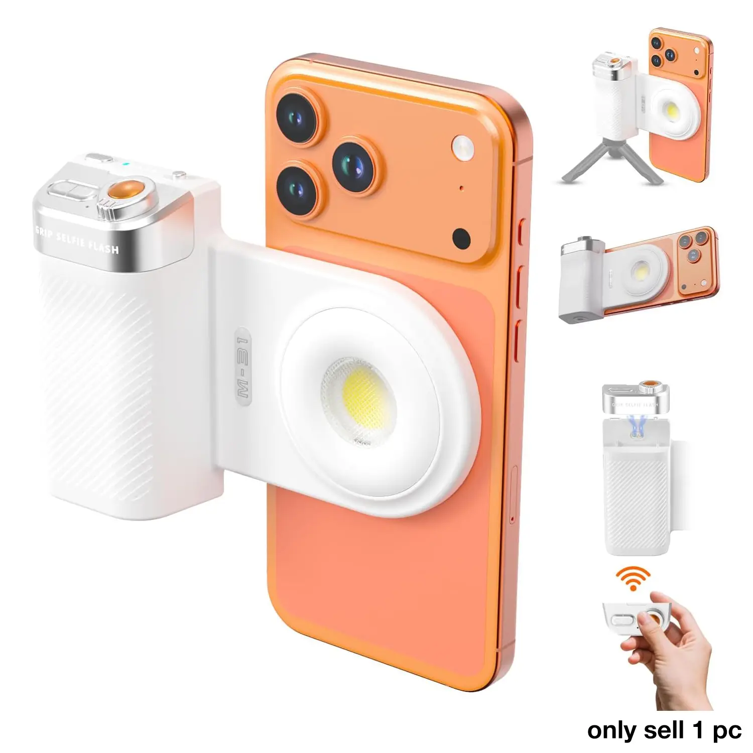 Phone Selfie Grip with LED Fill Light & Flash, Magnetic Camera Handle with Detachable Remote Shutter, 2-in-1 Phone Stand Design, Adjustable Lighting for TikTok, Vlog, Selfies and Content Creation
