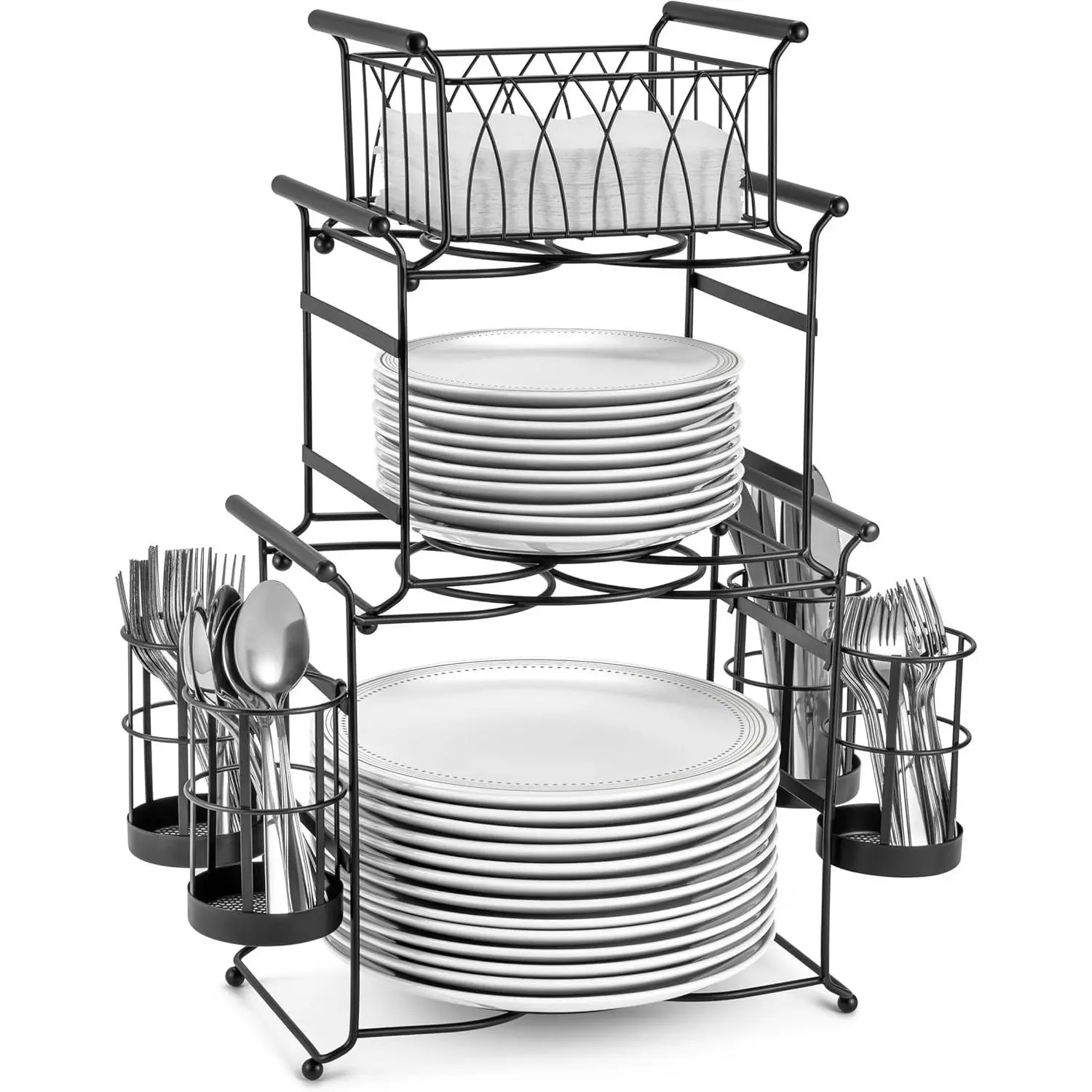 Black Buffet Caddy - 7-Piece Stackable Set with Plate,Napkin,Utensil Holders,3-Tier Detachable Steel Basket Tabletop Organizer - Ideal for Dining,Entertaining,Gift for Kitchen Use