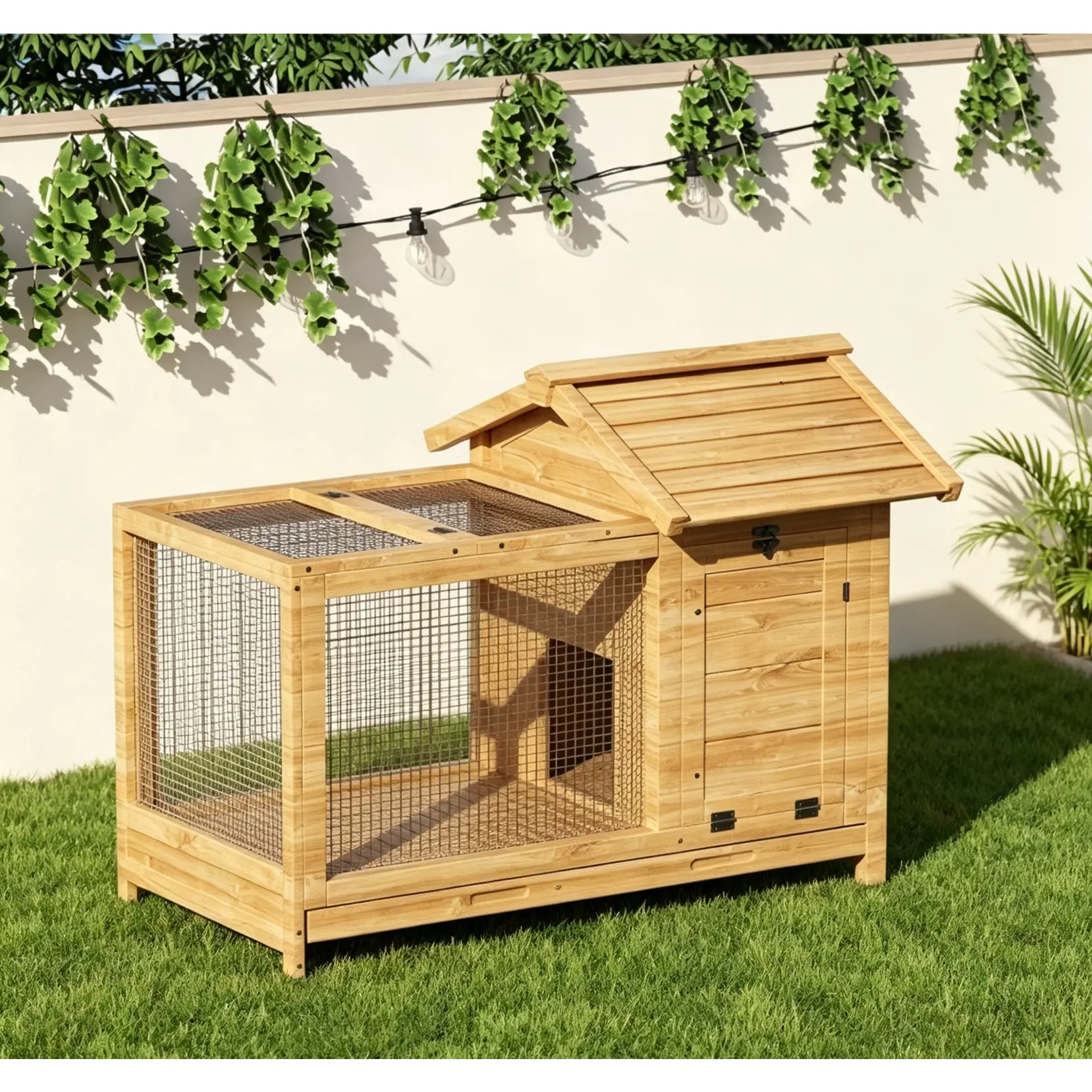 40" Rabbit Hutch with Ramp & Wheels – 2-Level Cedar Cage, Weatherproof Roof – Indoor/Outdoor for Rabbits, Guinea Pigs & Ducks – Red/Wood/Grey