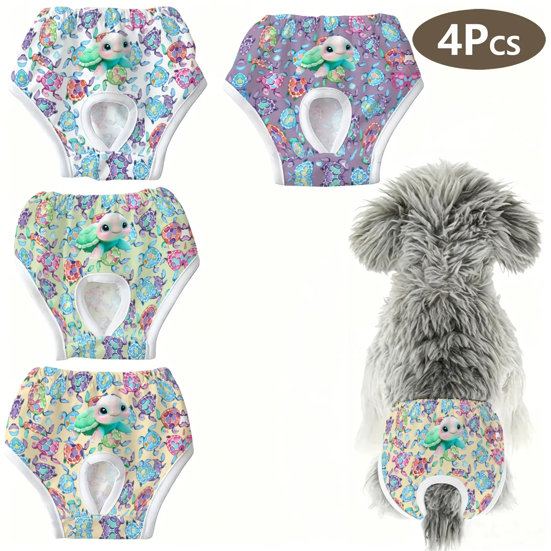 4-Pack Pet Underwear for Dogs & Cats, Colorful Turtle Print, Anti-Pecking, Suitable for All Sizes, Ideal for Holidays, Home, Travel