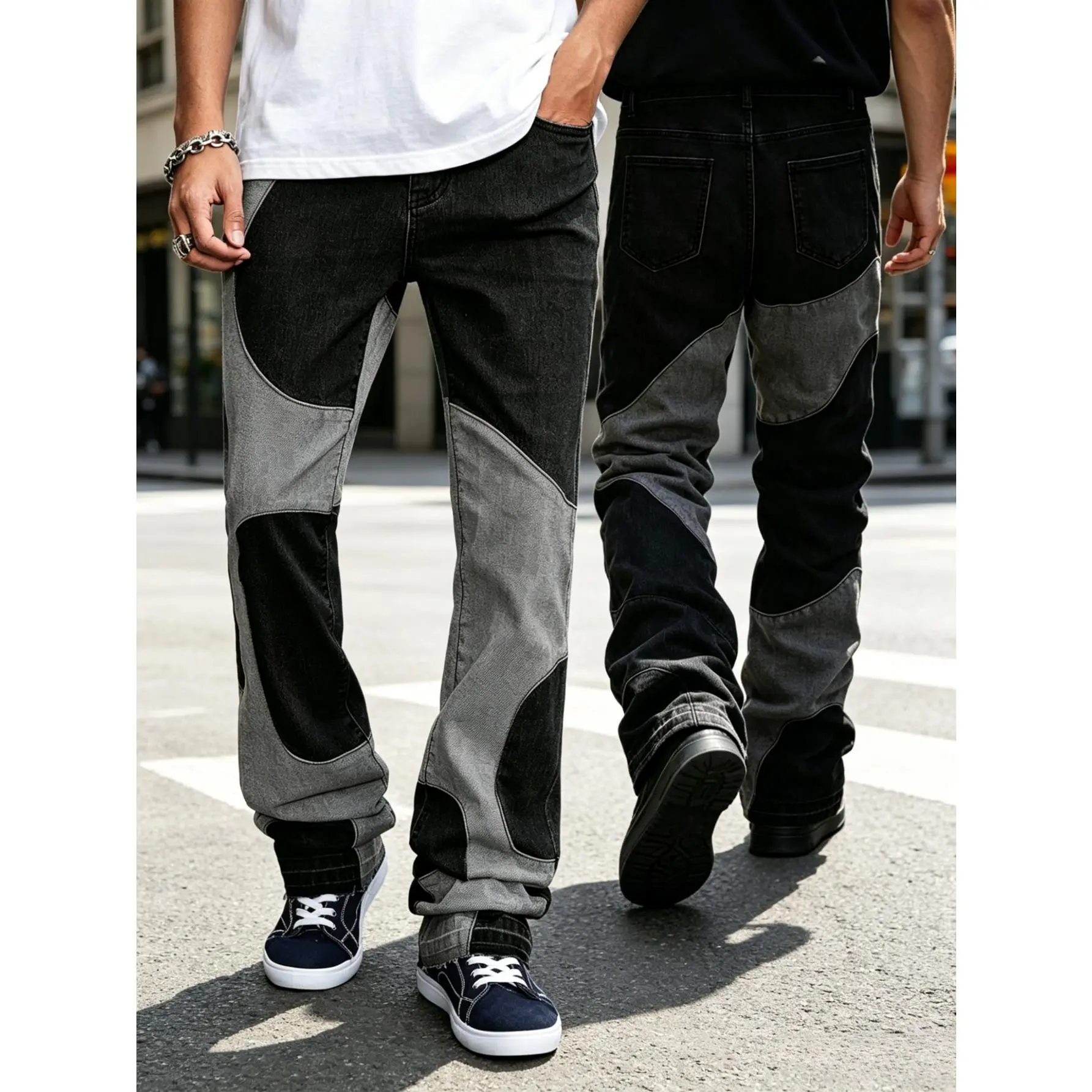Men's black-and-gray patchwork jeans, loose straight-leg street-style casual pants